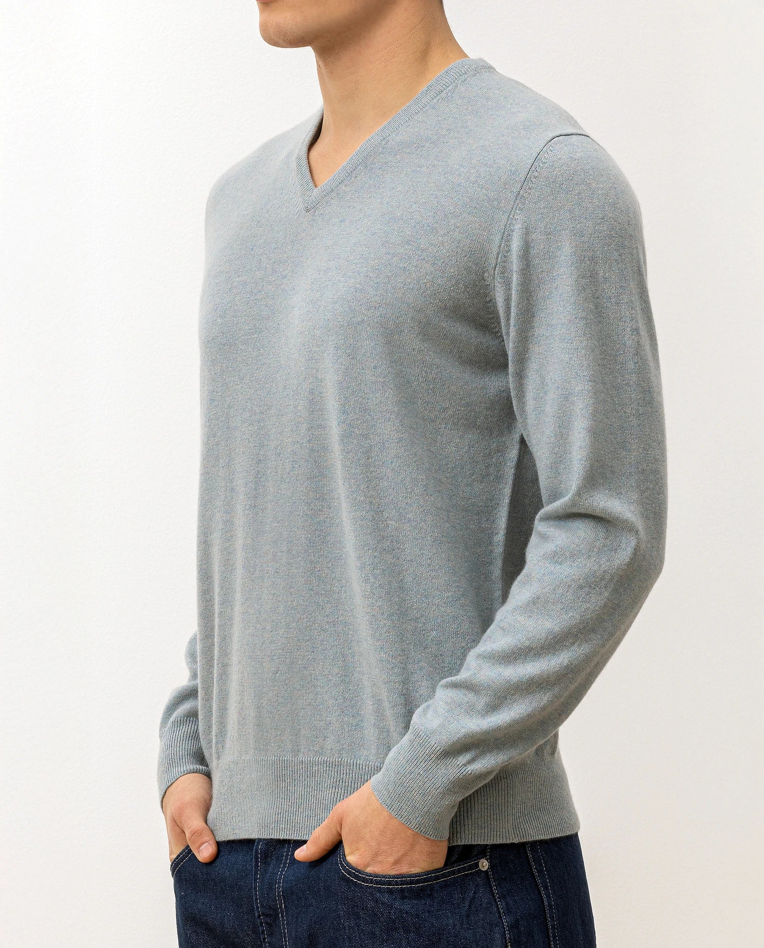 100-30020-16_6 - Allude - 100% Cashmere Active Blau Cashmere Feinstrick Flachstrick Herren Langarm NOS Pullover SAPG::101-30020 V-Ausschnitt