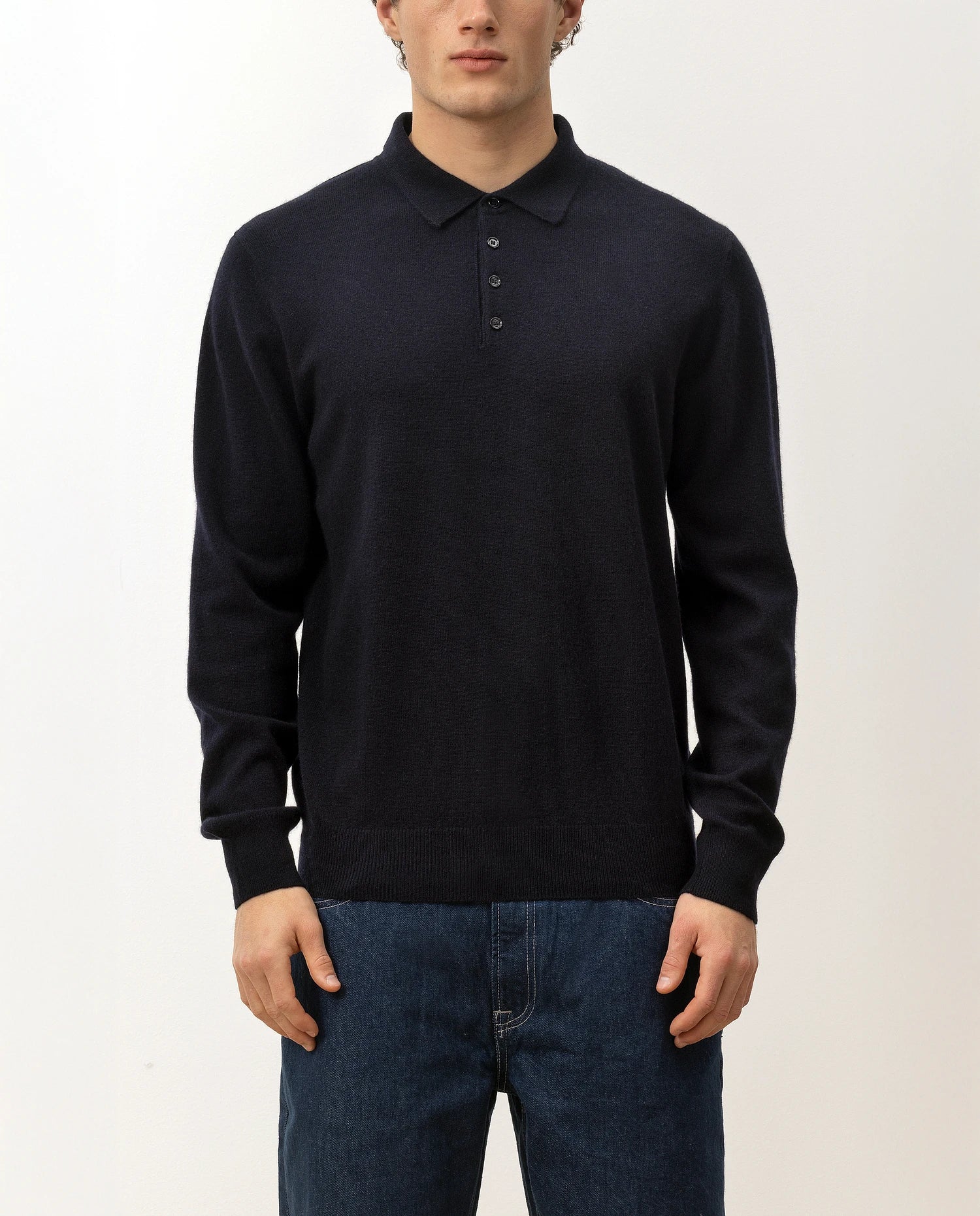 100-30023-14_4 - Allude - 100% Cashmere Active Cashmere Feinstrick Flachstrick Herren Langarm Navy NOS Polo Pullover SAPG::101-30023
