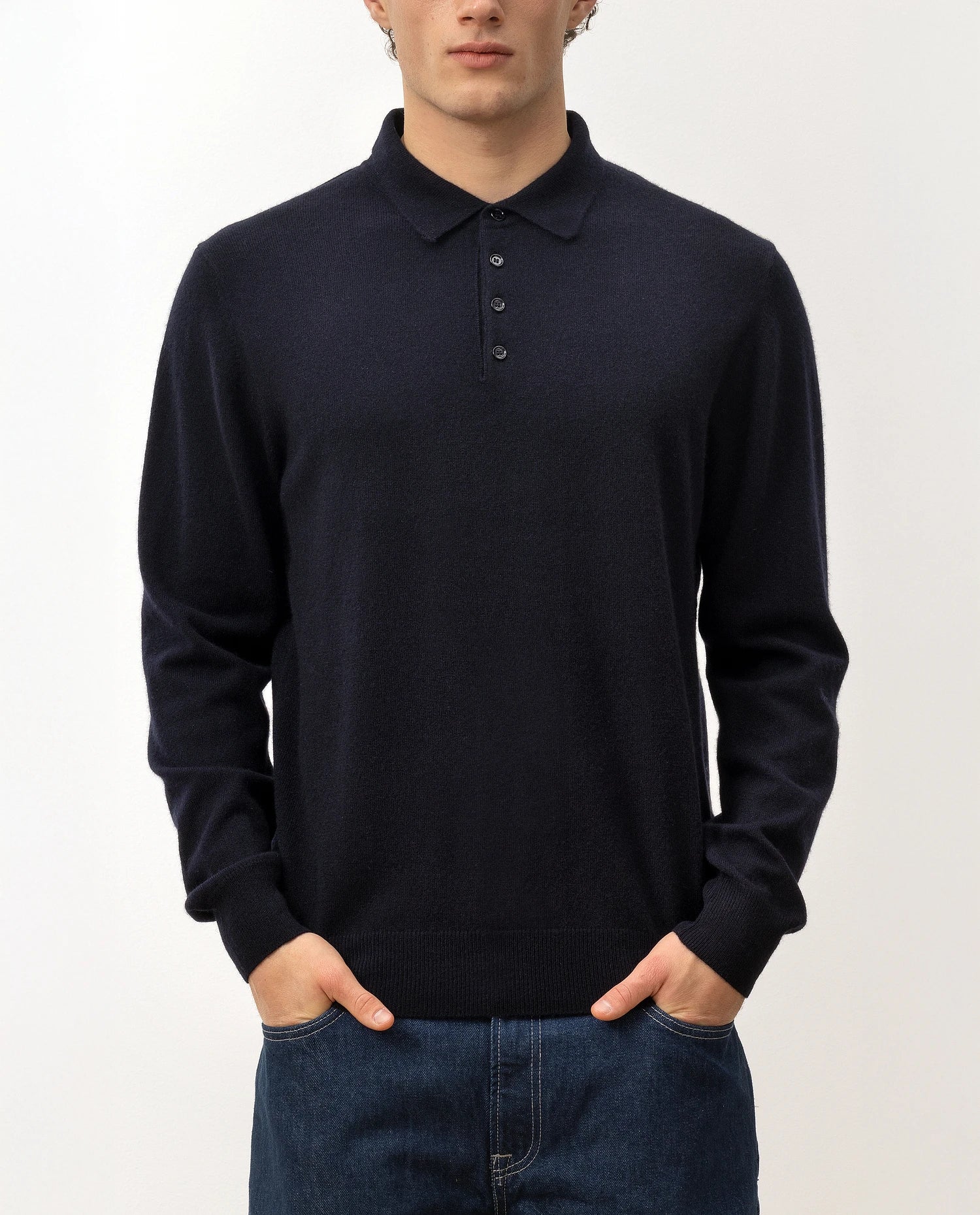 100-30023-14_5 - Allude - 100% Cashmere Active Cashmere Feinstrick Flachstrick Herren Langarm Navy NOS Polo Pullover SAPG::101-30023