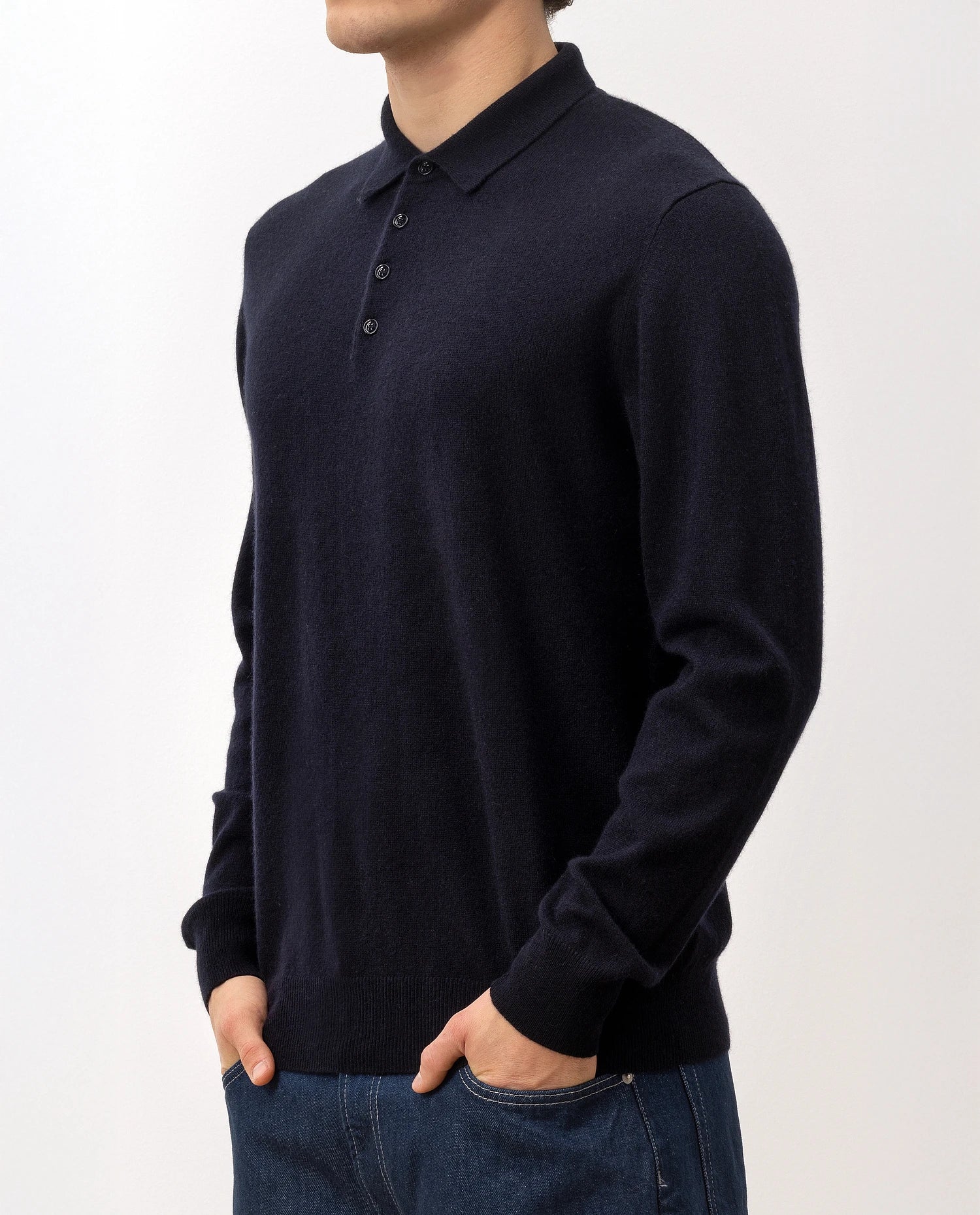 100-30023-14_6 - Allude - 100% Cashmere Active Cashmere Feinstrick Flachstrick Herren Langarm Navy NOS Polo Pullover SAPG::101-30023
