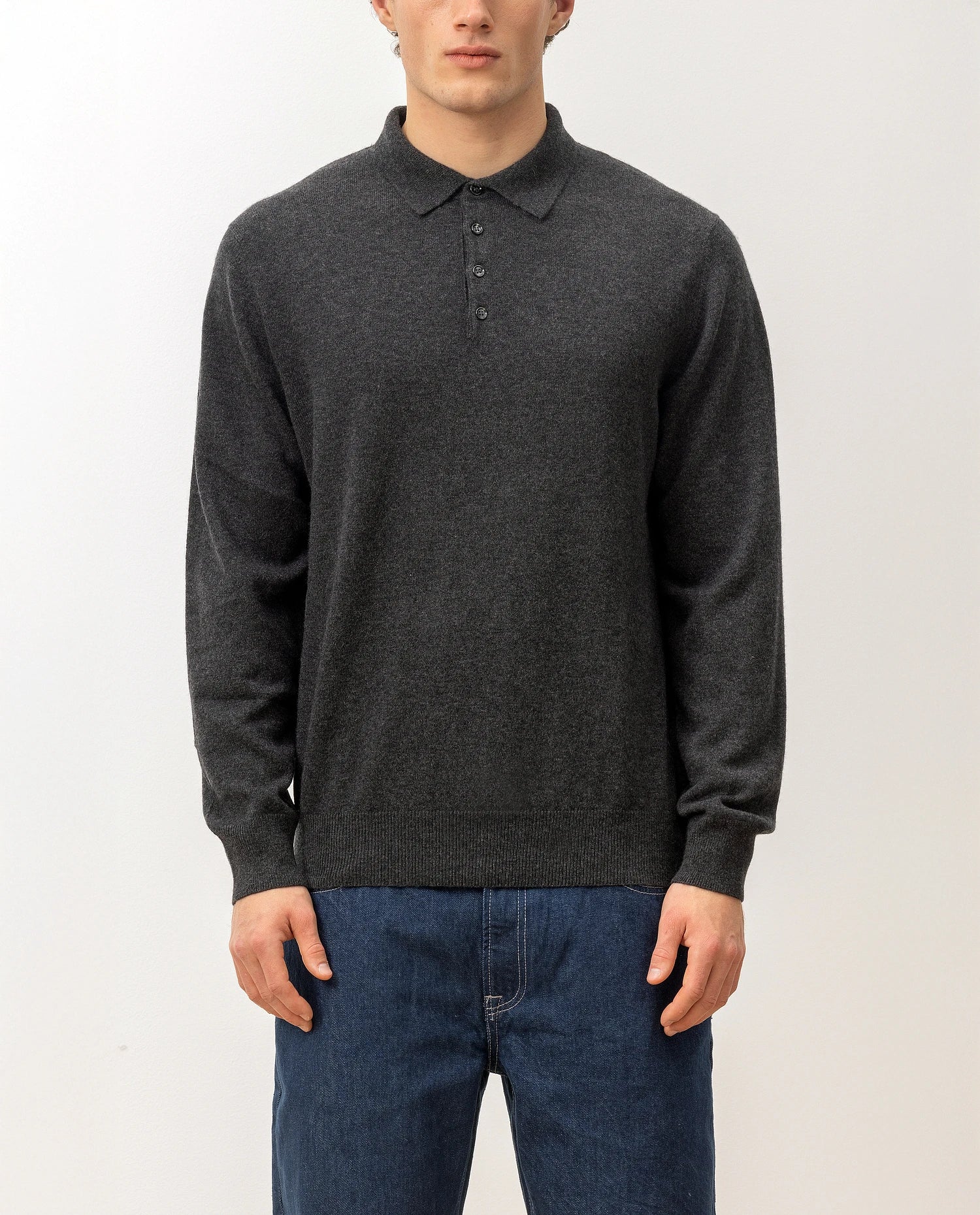 100-30023-84_4 - Allude - 100% Cashmere Active Cashmere Feinstrick Flachstrick Grau Herren Langarm NOS Polo Pullover SAPG::101-30023
