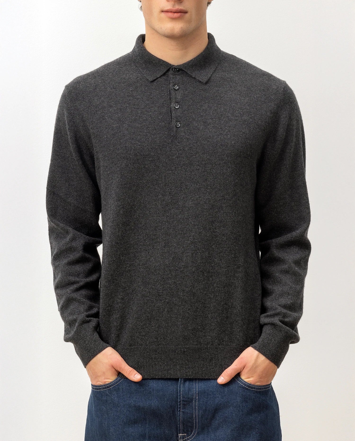 100-30023-84_5 - Allude - 100% Cashmere Active Cashmere Feinstrick Flachstrick Grau Herren Langarm NOS Polo Pullover SAPG::101-30023