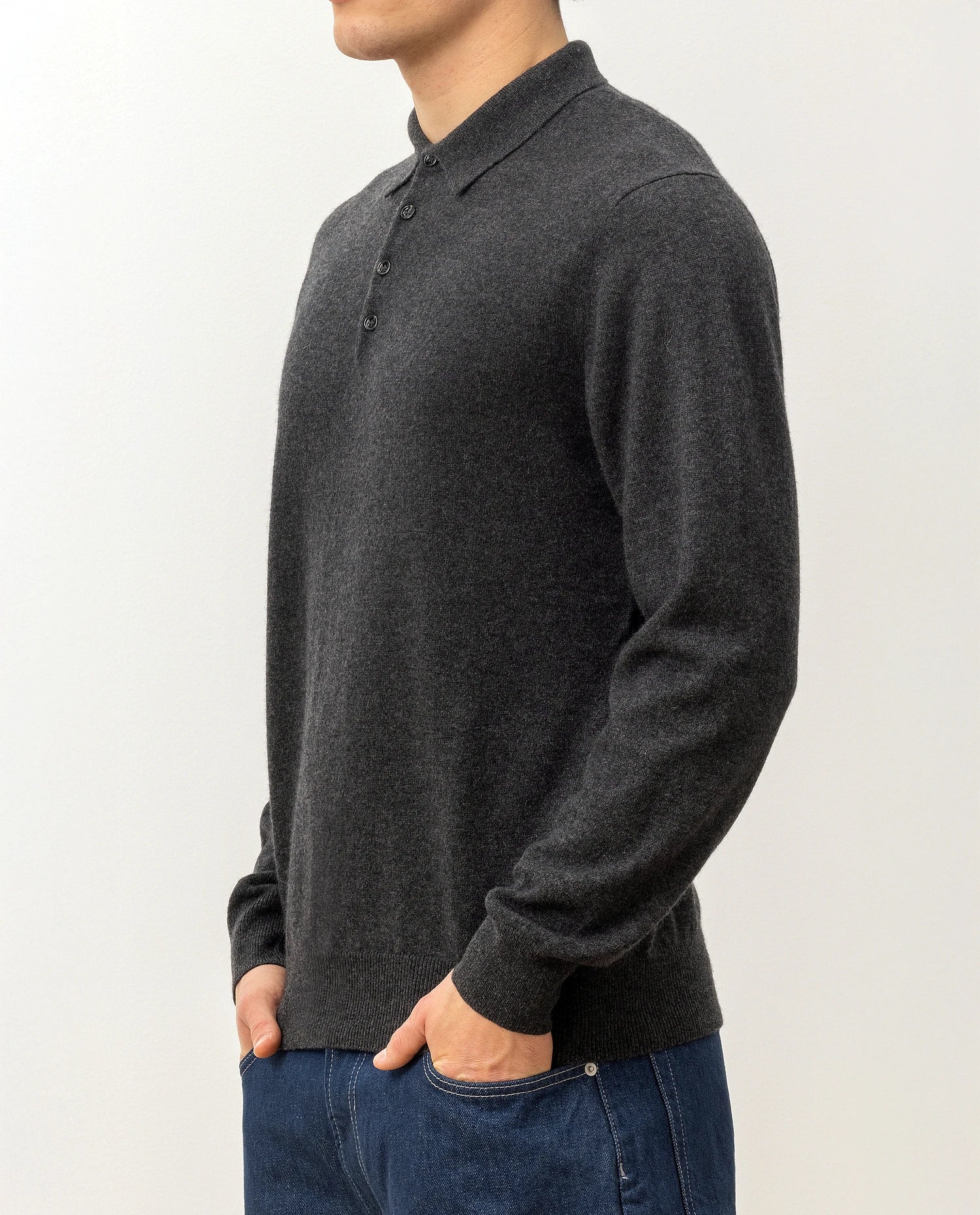 100-30023-84_6 - Allude - 100% Cashmere Active Cashmere Feinstrick Flachstrick Grau Herren Langarm NOS Polo Pullover SAPG::101-30023