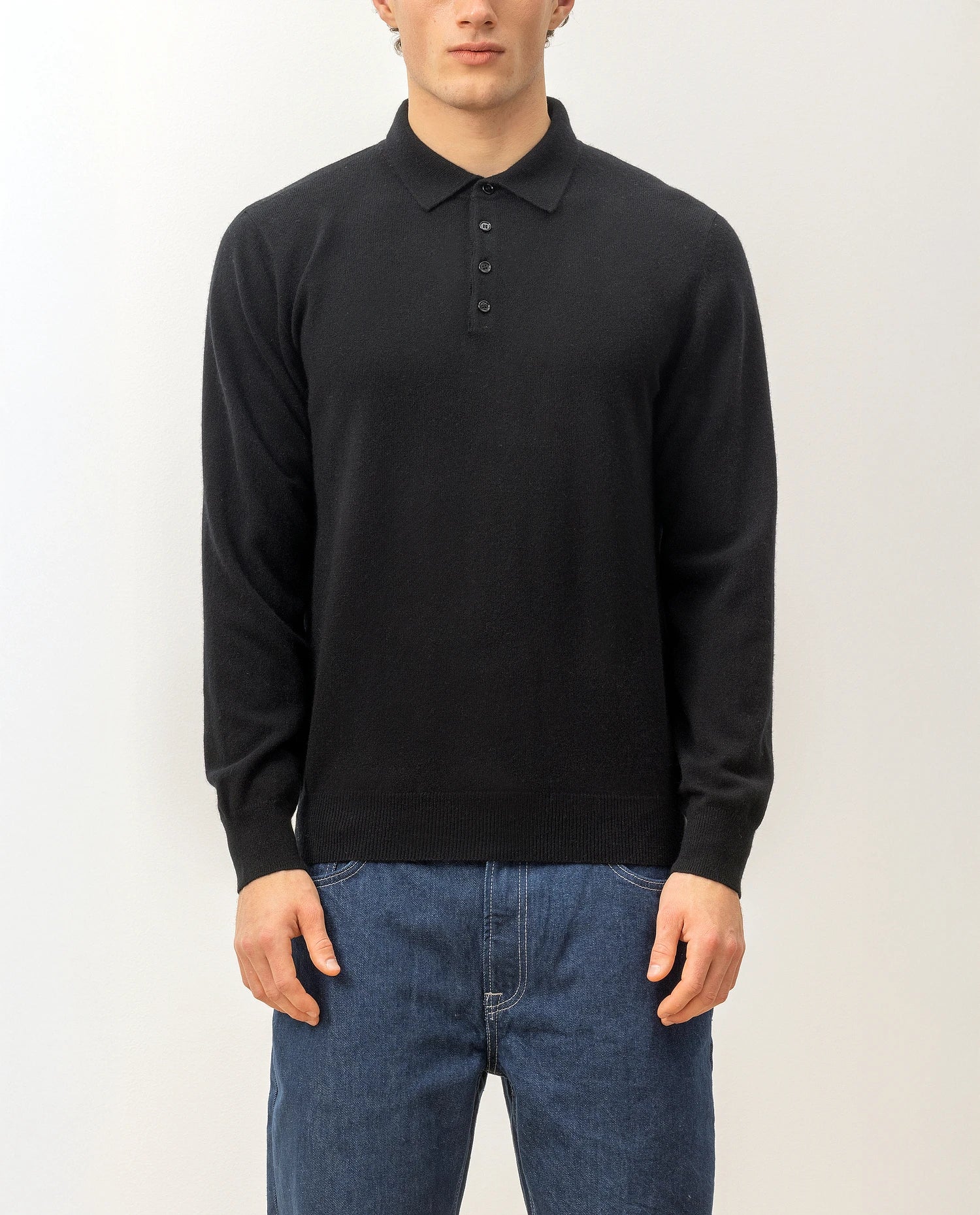 100-30023-90_4 - Allude - 100% Cashmere Active Cashmere Feinstrick Flachstrick Herren Langarm NOS Polo Pullover SAPG::101-30023 Schwarz