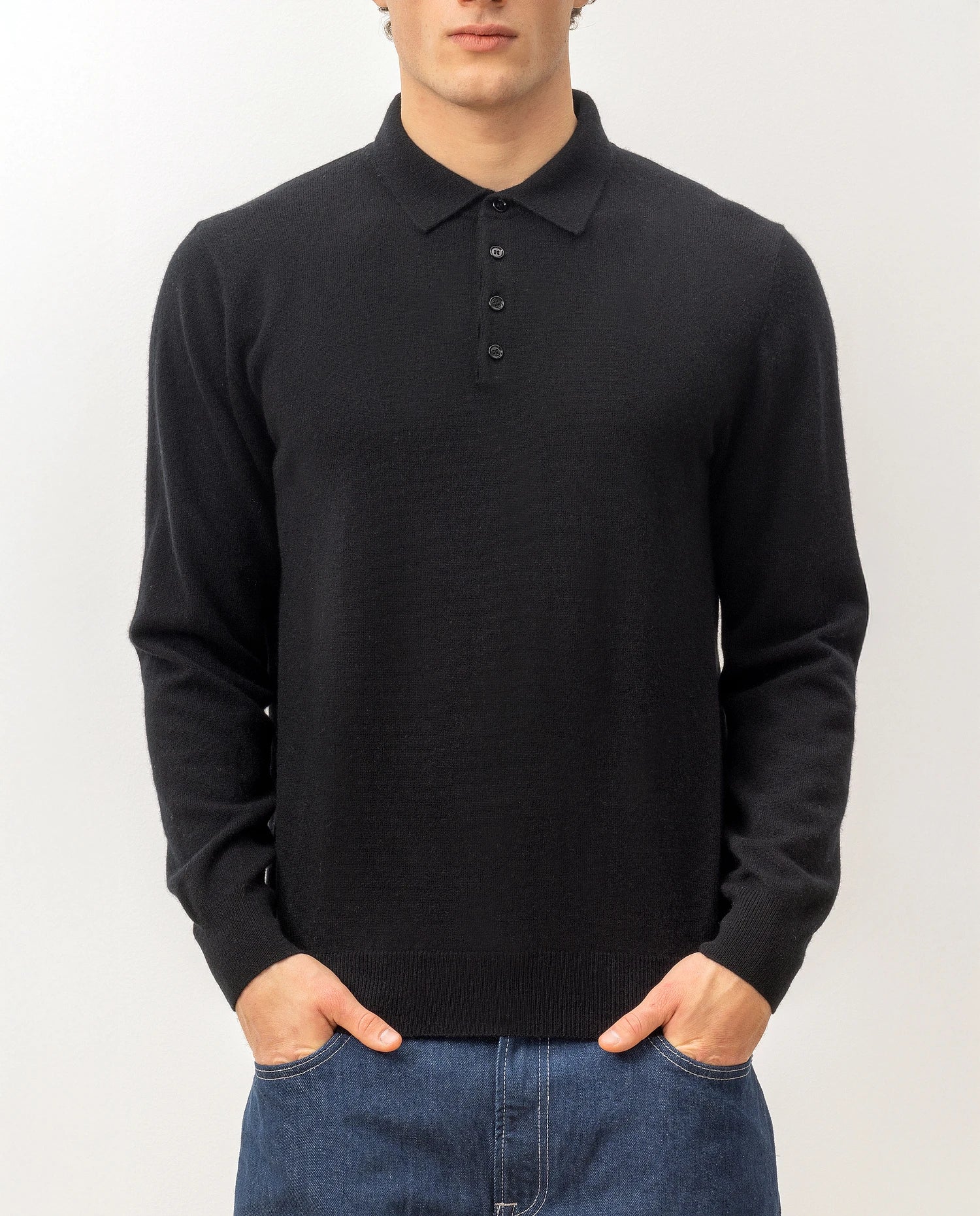 100-30023-90_5 - Allude - 100% Cashmere Active Cashmere Feinstrick Flachstrick Herren Langarm NOS Polo Pullover SAPG::101-30023 Schwarz