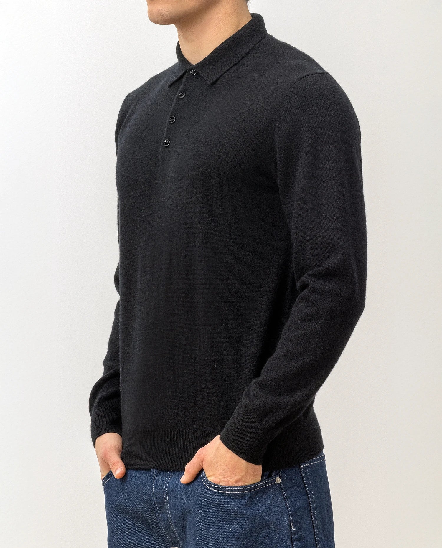 100-30023-90_6 - Allude - 100% Cashmere Active Cashmere Feinstrick Flachstrick Herren Langarm NOS Polo Pullover SAPG::101-30023 Schwarz