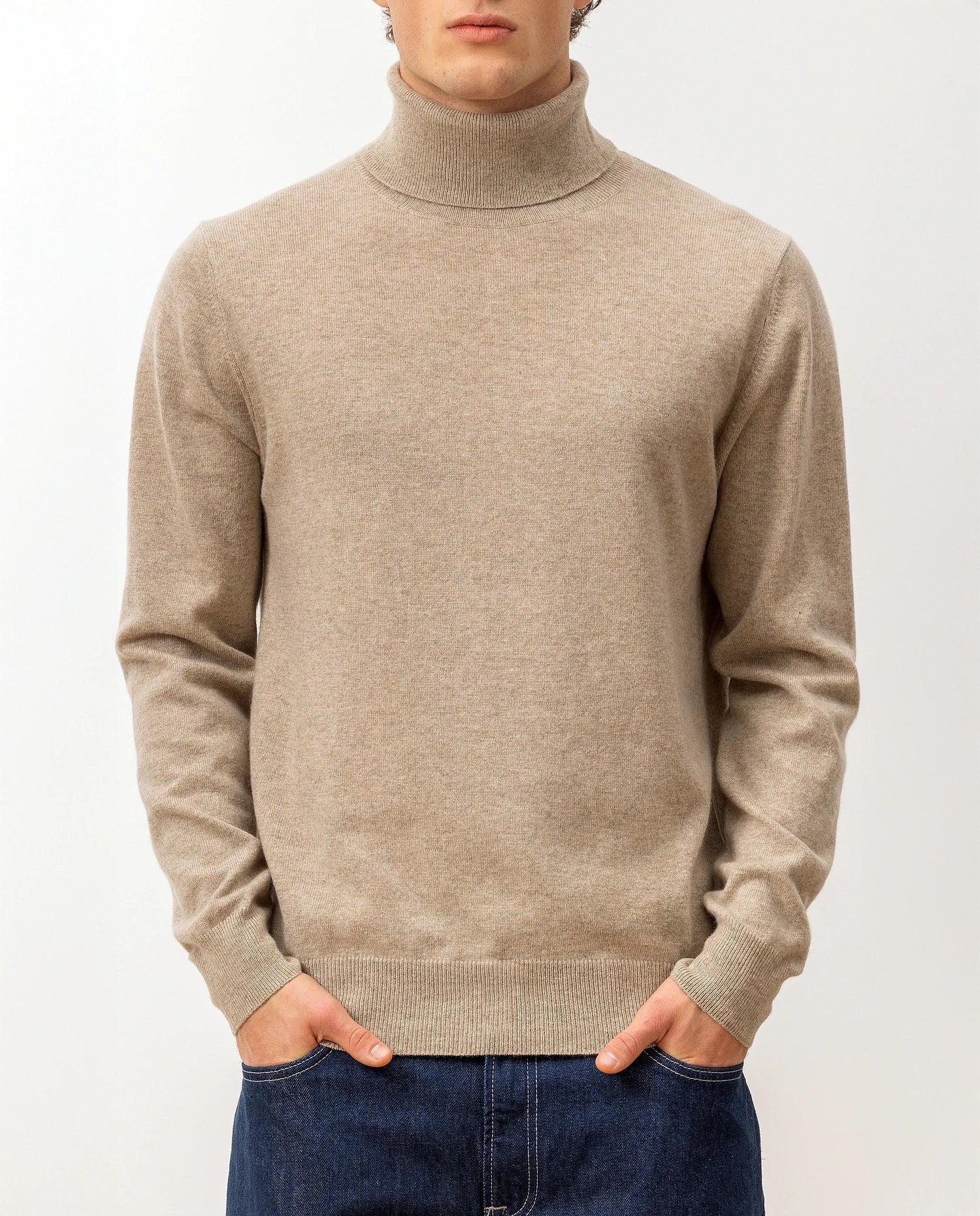 100-30024-46_5 - Allude - 100% Cashmere Active Beige Cashmere Feinstrick Flachstrick Herren Langarm NOS Pullover Rollkragen SAPG::101-30024