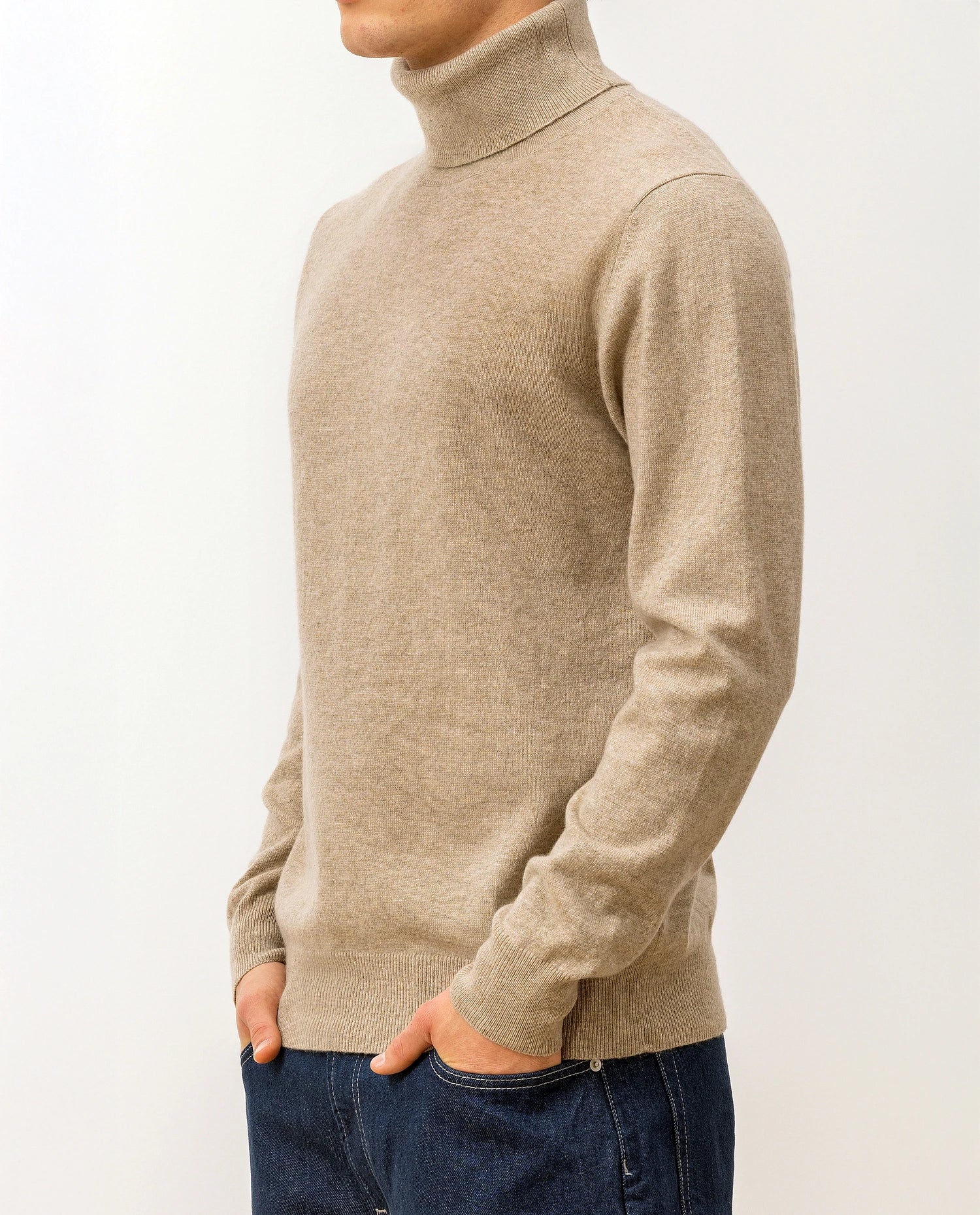 100-30024-46_6 - Allude - 100% Cashmere Active Beige Cashmere Feinstrick Flachstrick Herren Langarm NOS Pullover Rollkragen SAPG::101-30024