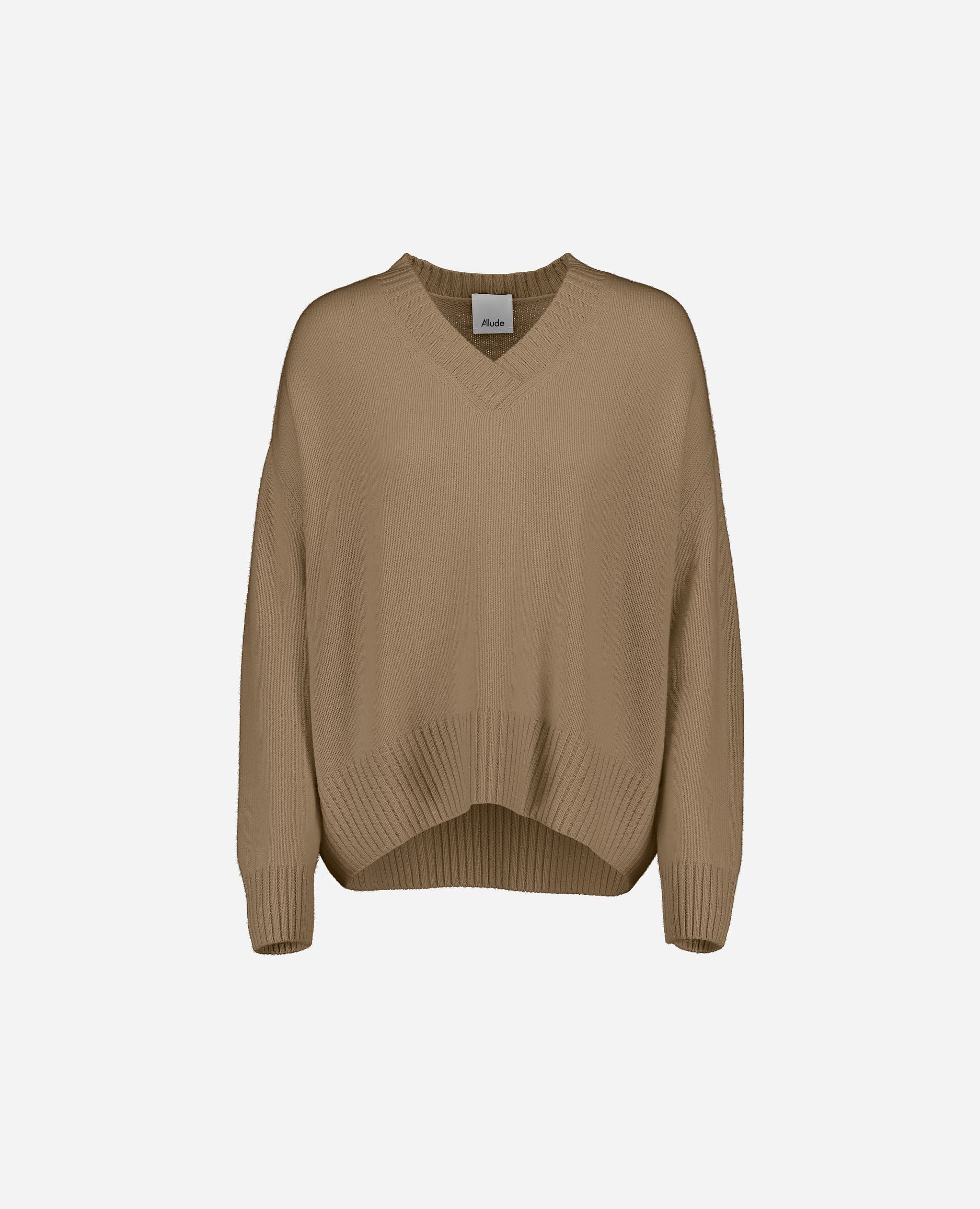 245-11155-43-S_hash_escaped_1 - Allude - 100% Cashmere Active Beige Cashmere Damen Langarm Lockerer Schnitt mittelschwerer Strick Pullover SAPG::245-11155 V-Ausschnitt Winter 2024/2025