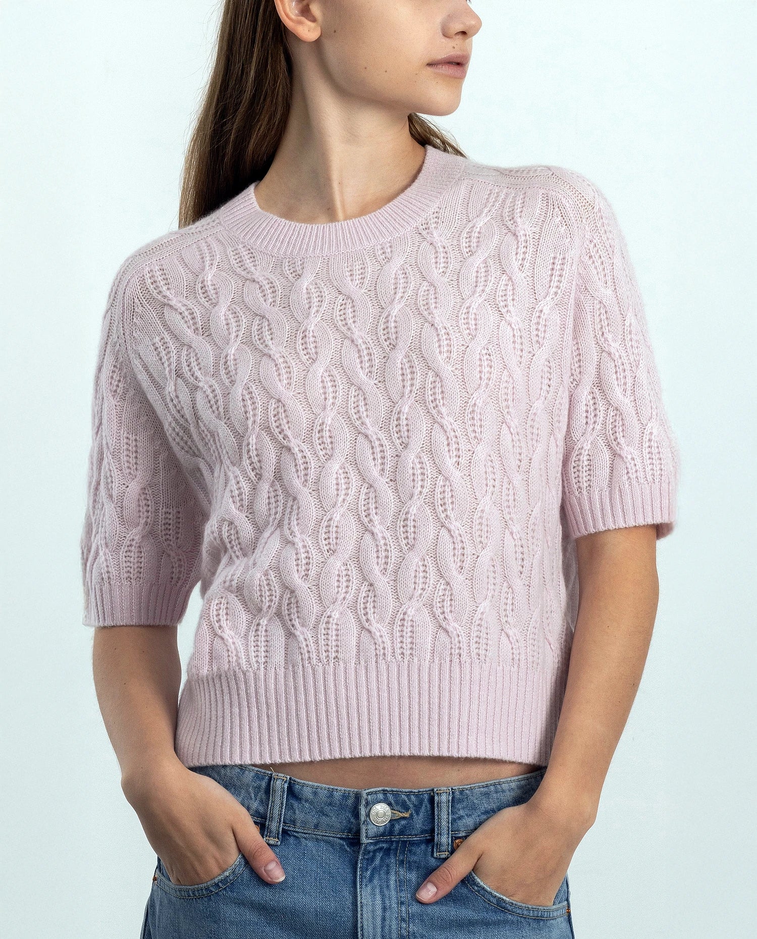 252-11122-60_20 - Allude - 100% Cashmere Active Cashmere Damen Halbarm Kastiger Schnitt mittelschwerer Strick Pullover Rose Rundhals SAPG::252-11122 Spring/Summer 2025