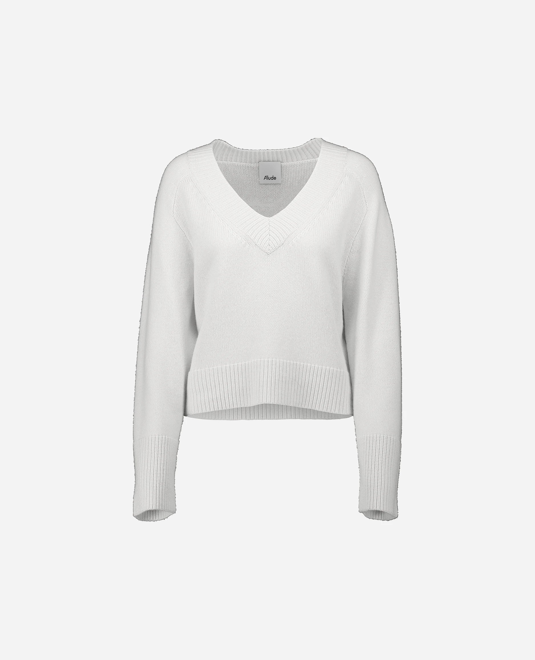 252-17033-40_3 - Allude - 30% Cashmere 70% Wolle Active Damen Grobstrick Kastiger Schnitt Langarm Pullover SAPG::252-17033 Spring/Summer 2025 V-Ausschnitt Weiß Woll-Mischung