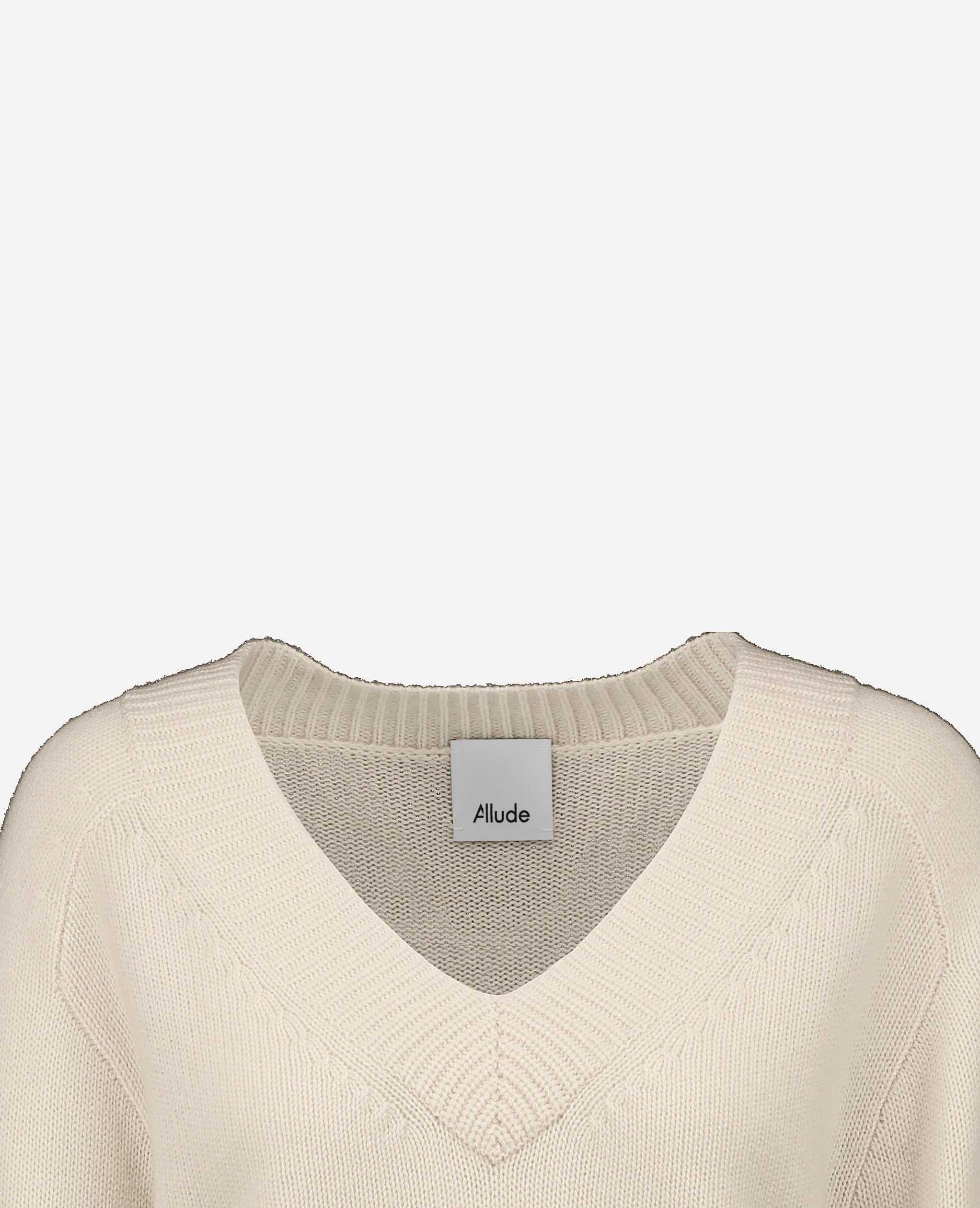 252-17033-41_40 - Allude - 30% Cashmere 70% Wolle Active Creme Damen Grobstrick Kastiger Schnitt Langarm Pullover SAPG::252-17033 Spring/Summer 2025 V-Ausschnitt Woll-Mischung