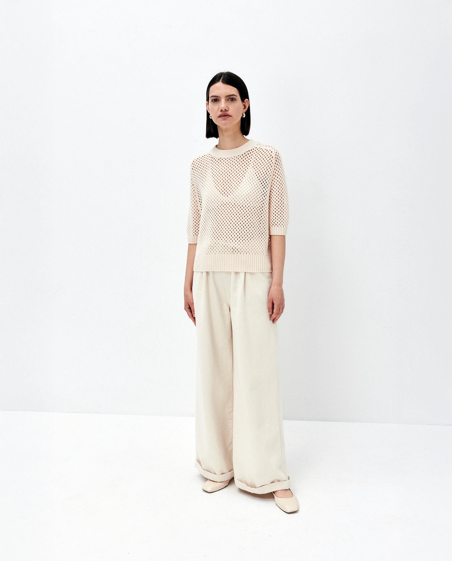 252-17652-41_1 - Allude - 30% Cashmere 70% Wolle Active Creme Damen Grobstrick Halbarm Kastiger Schnitt Pullover Rundhals SAPG::252-17652 Spring/Summer 2025 Woll-Mischung