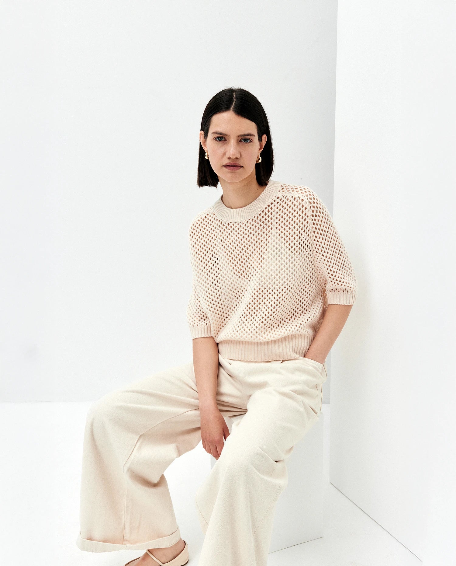 252-17652-41_10 - Allude - 30% Cashmere 70% Wolle Active Creme Damen Grobstrick Halbarm Kastiger Schnitt Pullover Rundhals SAPG::252-17652 Spring/Summer 2025 Woll-Mischung