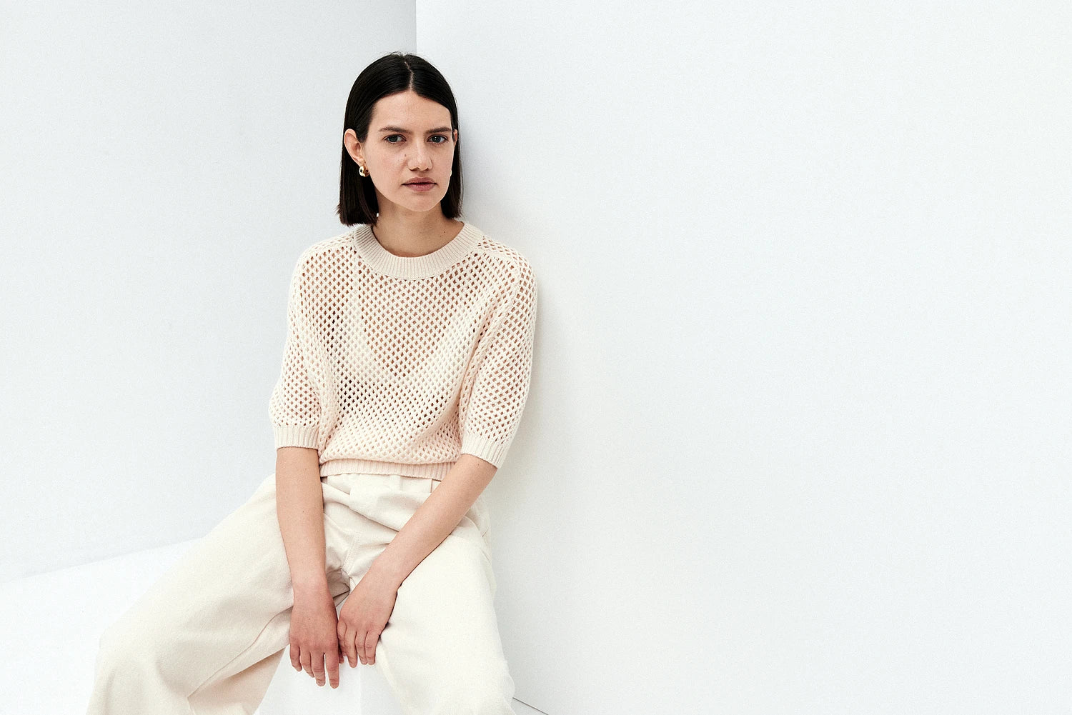 252-17652-41_11 - Allude - 30% Cashmere 70% Wolle Active Creme Damen Grobstrick Halbarm Kastiger Schnitt Pullover Rundhals SAPG::252-17652 Spring/Summer 2025 Woll-Mischung