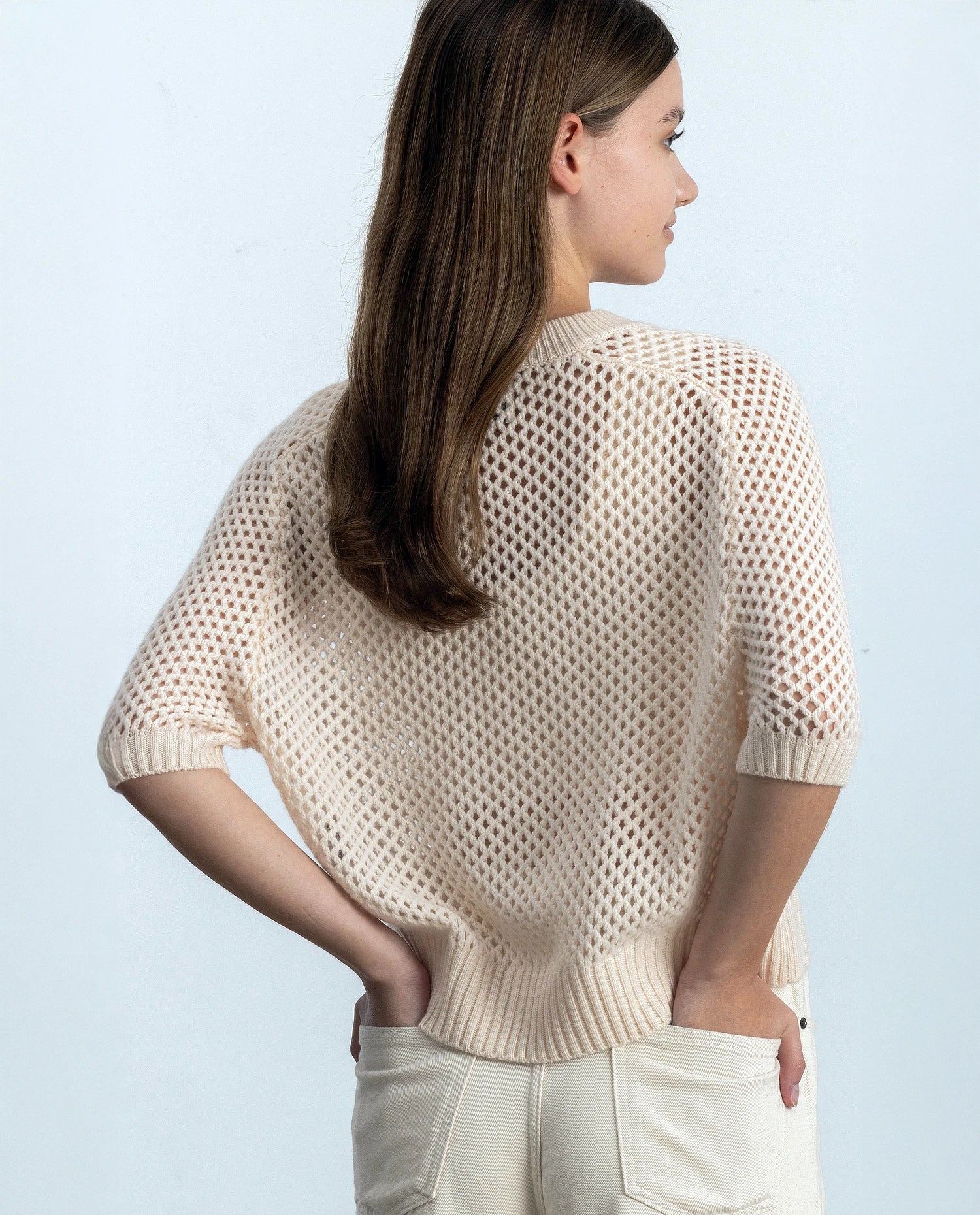 252-17652-41_21 - Allude - 30% Cashmere 70% Wolle Active Creme Damen Grobstrick Halbarm Kastiger Schnitt Pullover Rundhals SAPG::252-17652 Spring/Summer 2025 Woll-Mischung
