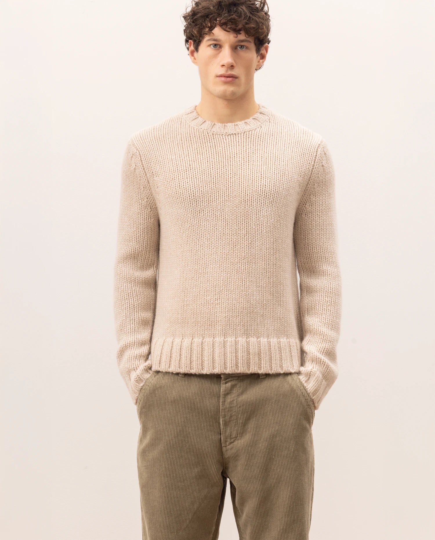 255-30060-48_20 - Allude - 100% Cashmere Active Beige Fall/Winter 2025/2026 Flachstrick Gerade Passform Grobstrick Herren NEW Pullover Rundhals SAPG::255-30060