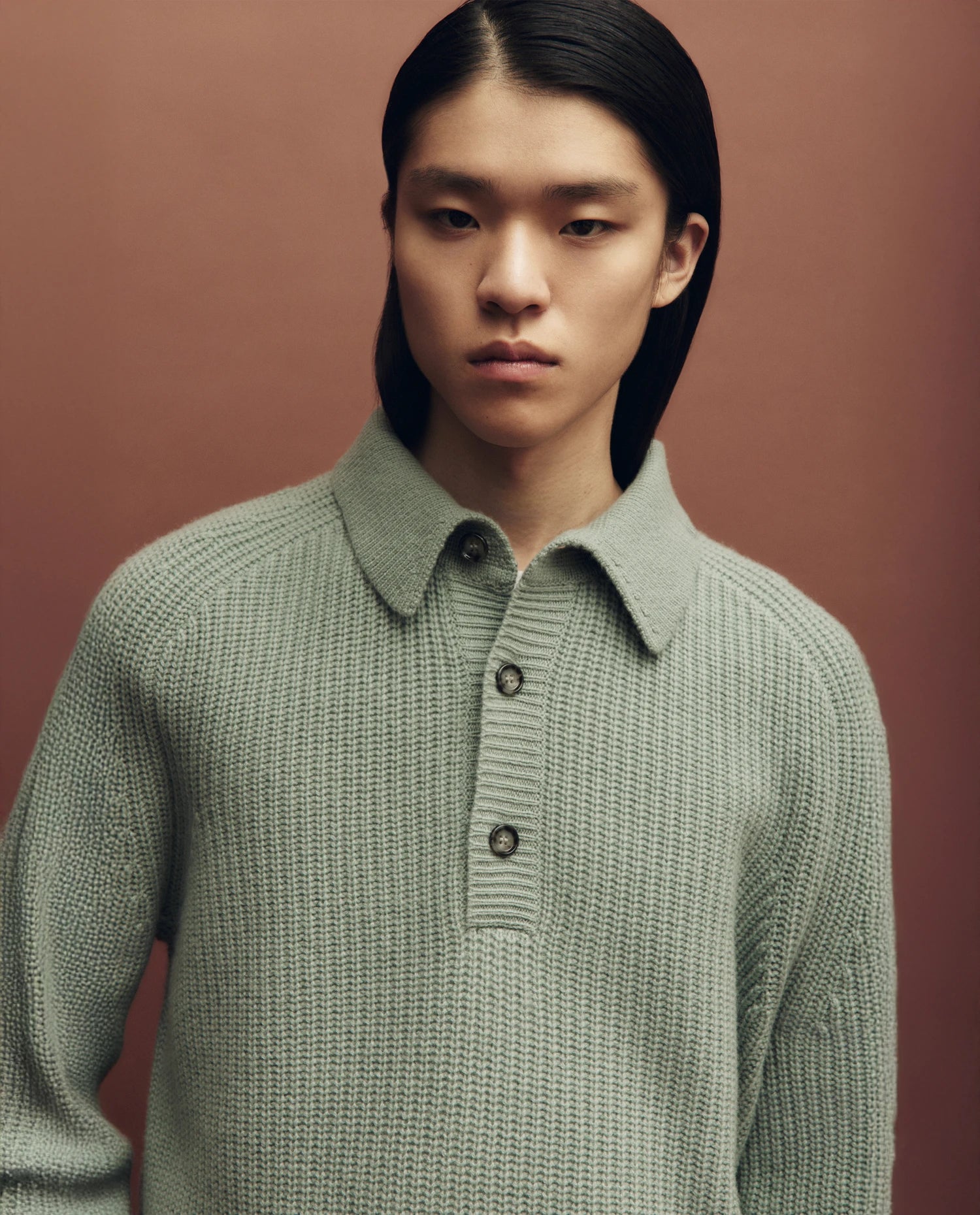 255-37041-31_10 - Allude - 30% Cashmere 70% Wolle Active Fall/Winter 2025/2026 Grobstrick Grün Halber Patentstrick Herren Lockerer Schnitt NEW Polo Pullover SAPG::255-37041