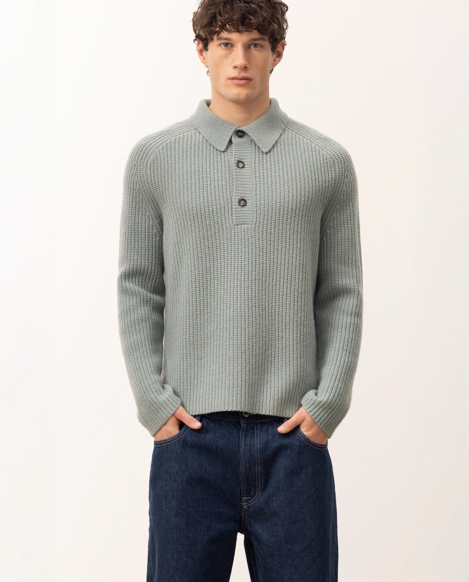 255-37041-31_20 - Allude - 30% Cashmere 70% Wolle Active Fall/Winter 2025/2026 Grobstrick Grün Halber Patentstrick Herren Lockerer Schnitt NEW Polo Pullover SAPG::255-37041
