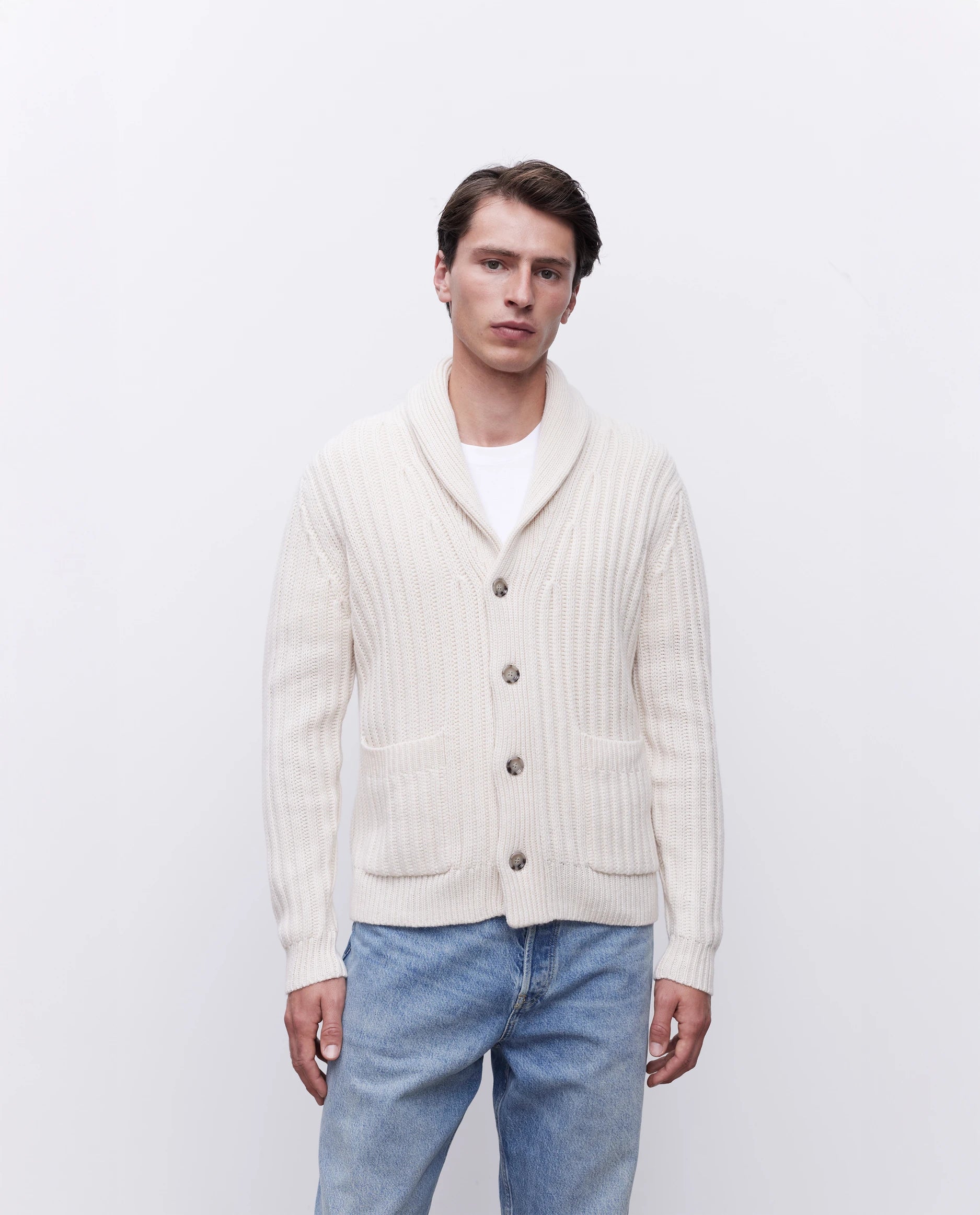 262-37030-41_3502 - Allude - 30% Cashmere 70% Wolle Active Creme Herren Langarm NEW SAPG::262-37030 Schalkragen Spring/Summer 2026 Strickjacke Wolle