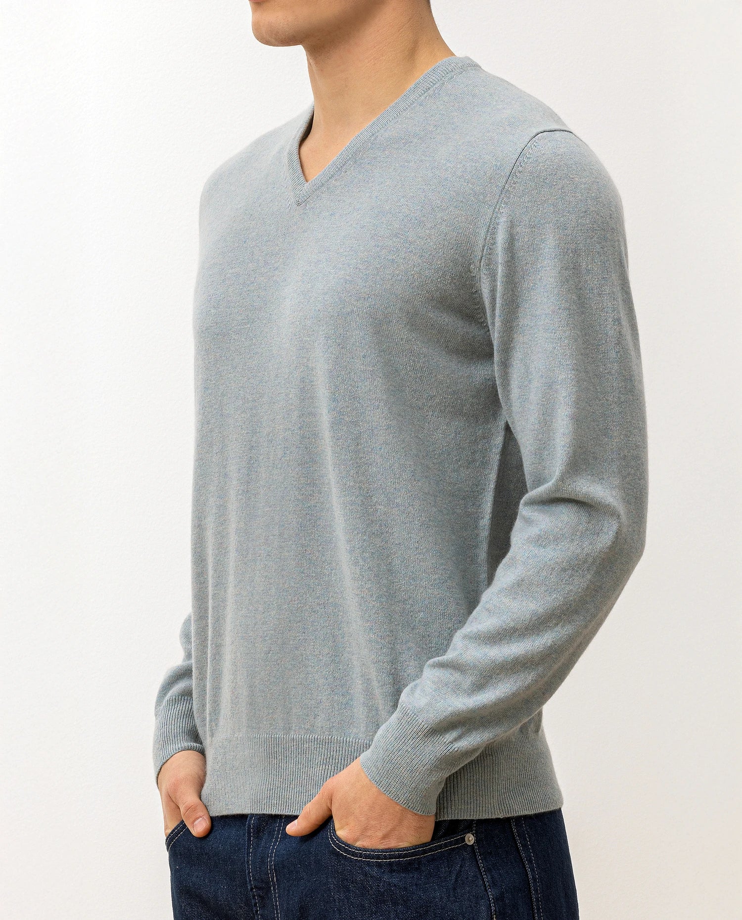 100-30020-16_6 - Allude - 100% Cashmere Blau Cashmere Feinstrick Flachstrick Herren Langarm NOS Pullover SAPG::101-30020 V-Ausschnitt