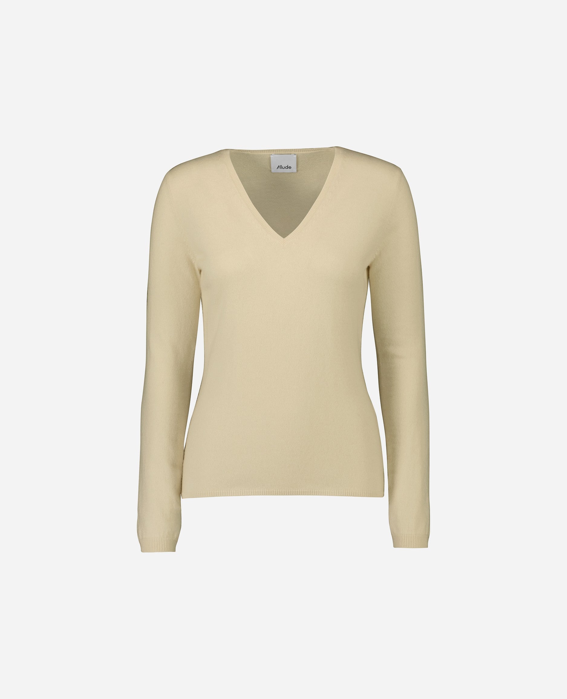 242-11100-42-S_1 - Allude - 100% Cashmere Beige Cashmere Damen Feinstrick Langarm Pullover SAPG::242-11100 Sommer 2024 Taillierter Schnitt V-Ausschnitt