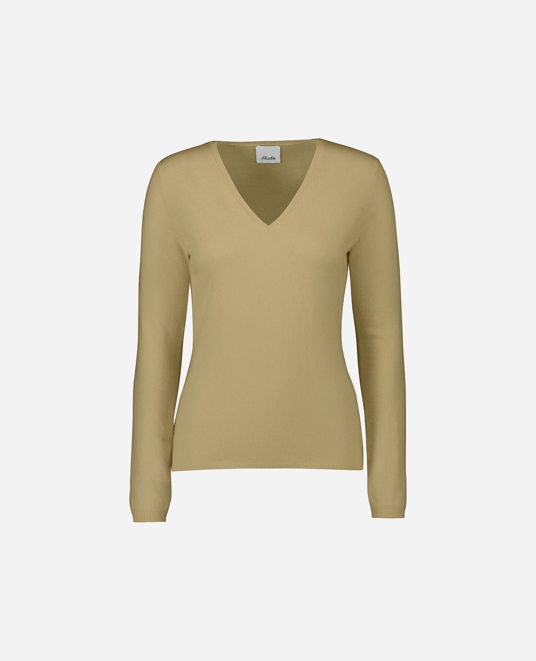 242-11100-43-S_1 - Allude - 100% Cashmere Beige Cashmere Damen Feinstrick Langarm Pullover SAPG::242-11100 Sommer 2024 Taillierter Schnitt V-Ausschnitt