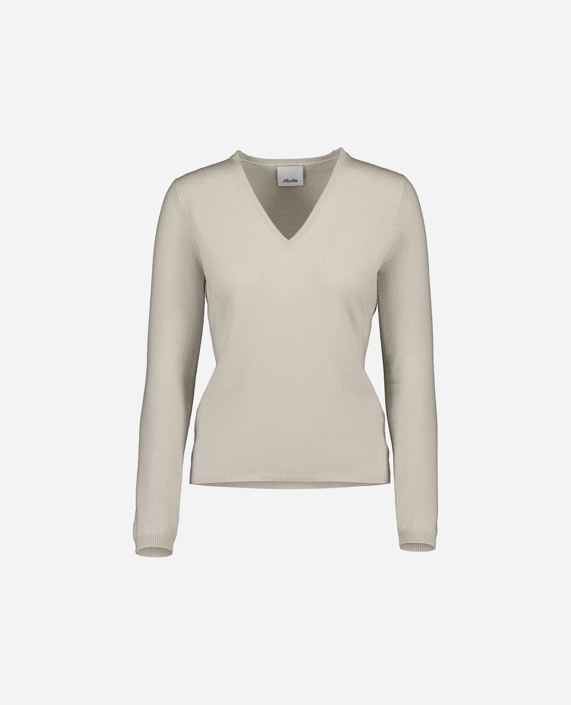 245-11100-42-S_hash_escaped_1 - Allude - 100% Cashmere Basic Beige Cashmere Damen Feinstrick Langarm Pullover SAPG::245-11100 Taillierter Schnitt V-Ausschnitt Winter 2024/2025