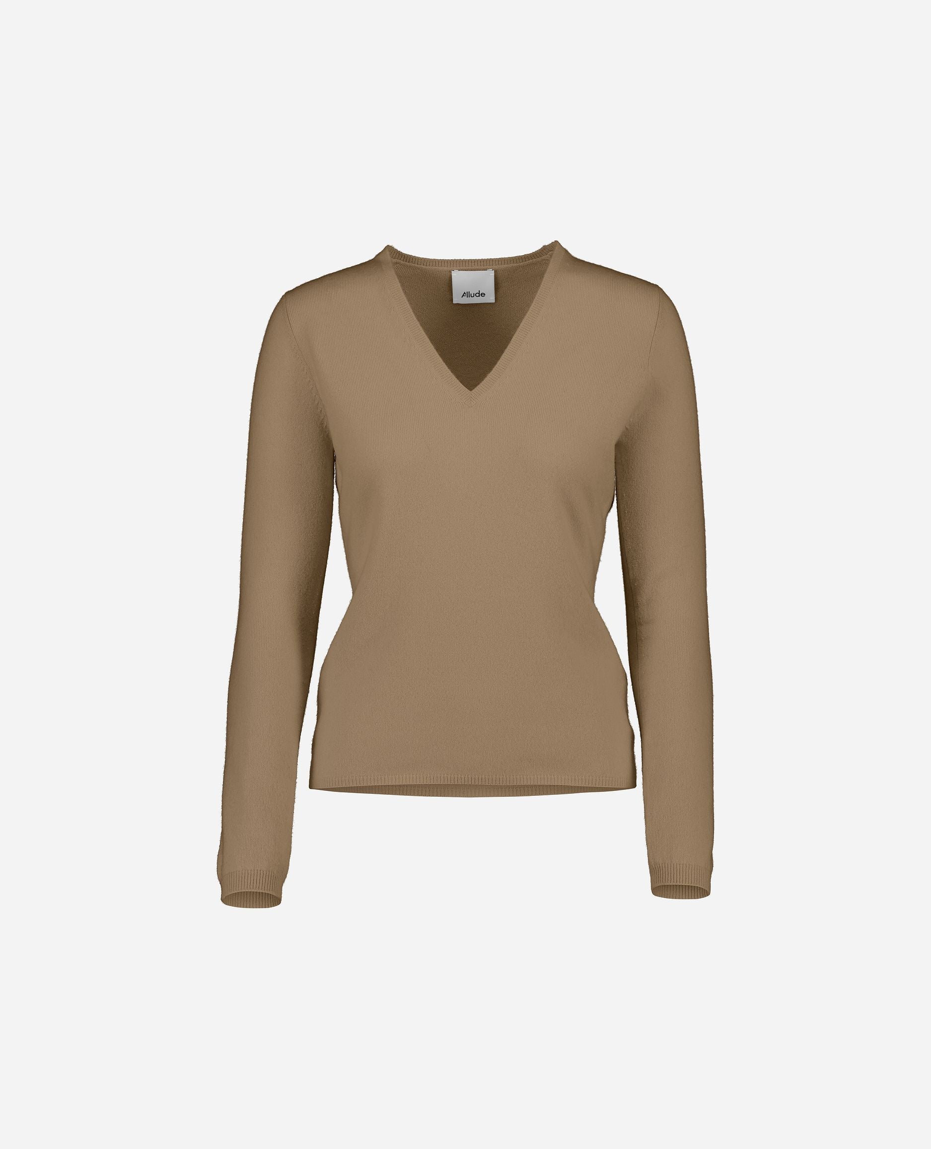 245-11100-43-S_hash_escaped_1 - Allude - 100% Cashmere Basic Beige Cashmere Damen Feinstrick Langarm Pullover SAPG::245-11100 Taillierter Schnitt V-Ausschnitt Winter 2024/2025