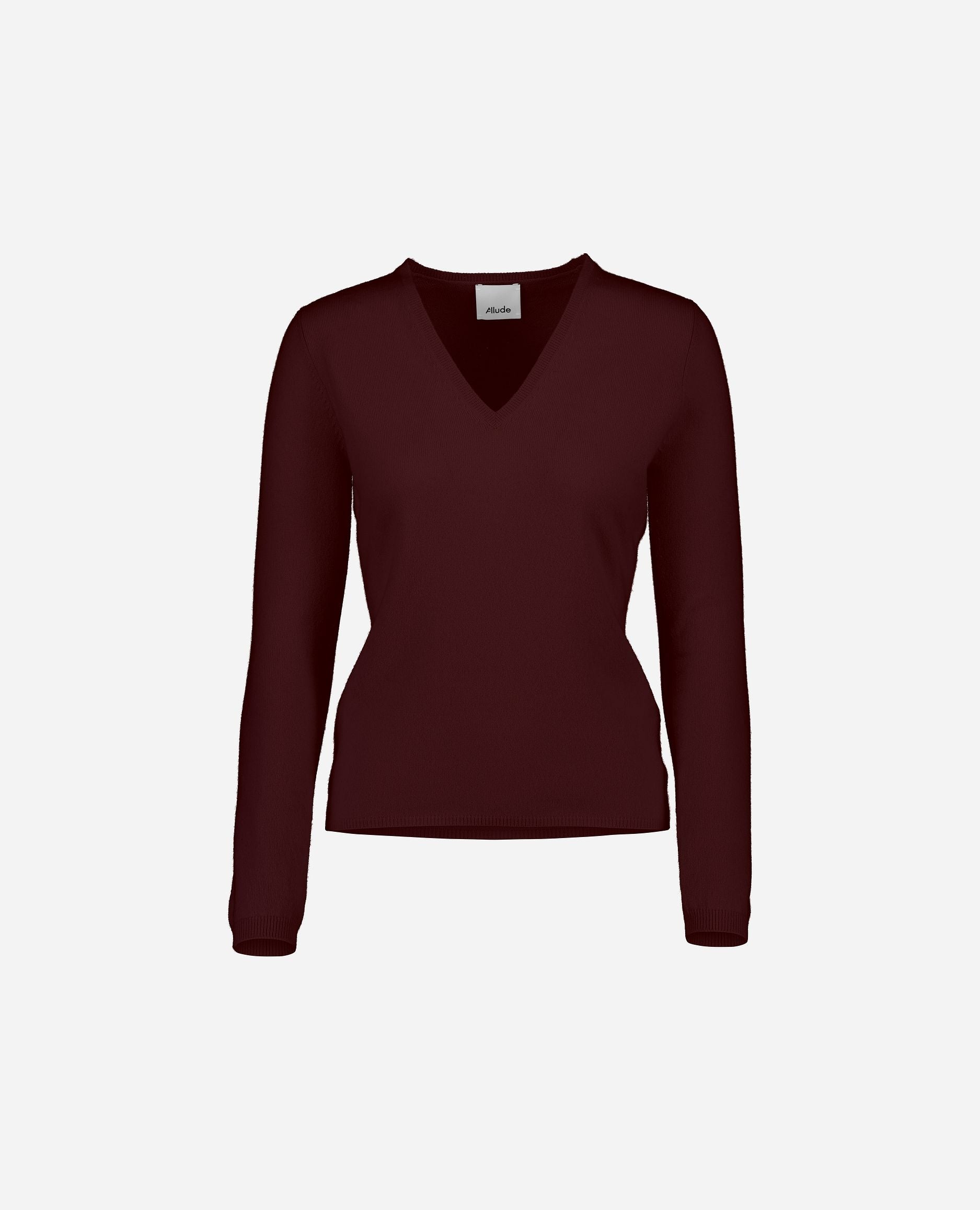 245-11100-69-S_hash_escaped_1 - Allude - 100% Cashmere Active Basic Cashmere Damen Feinstrick Langarm Pullover Rot SAPG::245-11100 Taillierter Schnitt V-Ausschnitt Winter 2024/2025