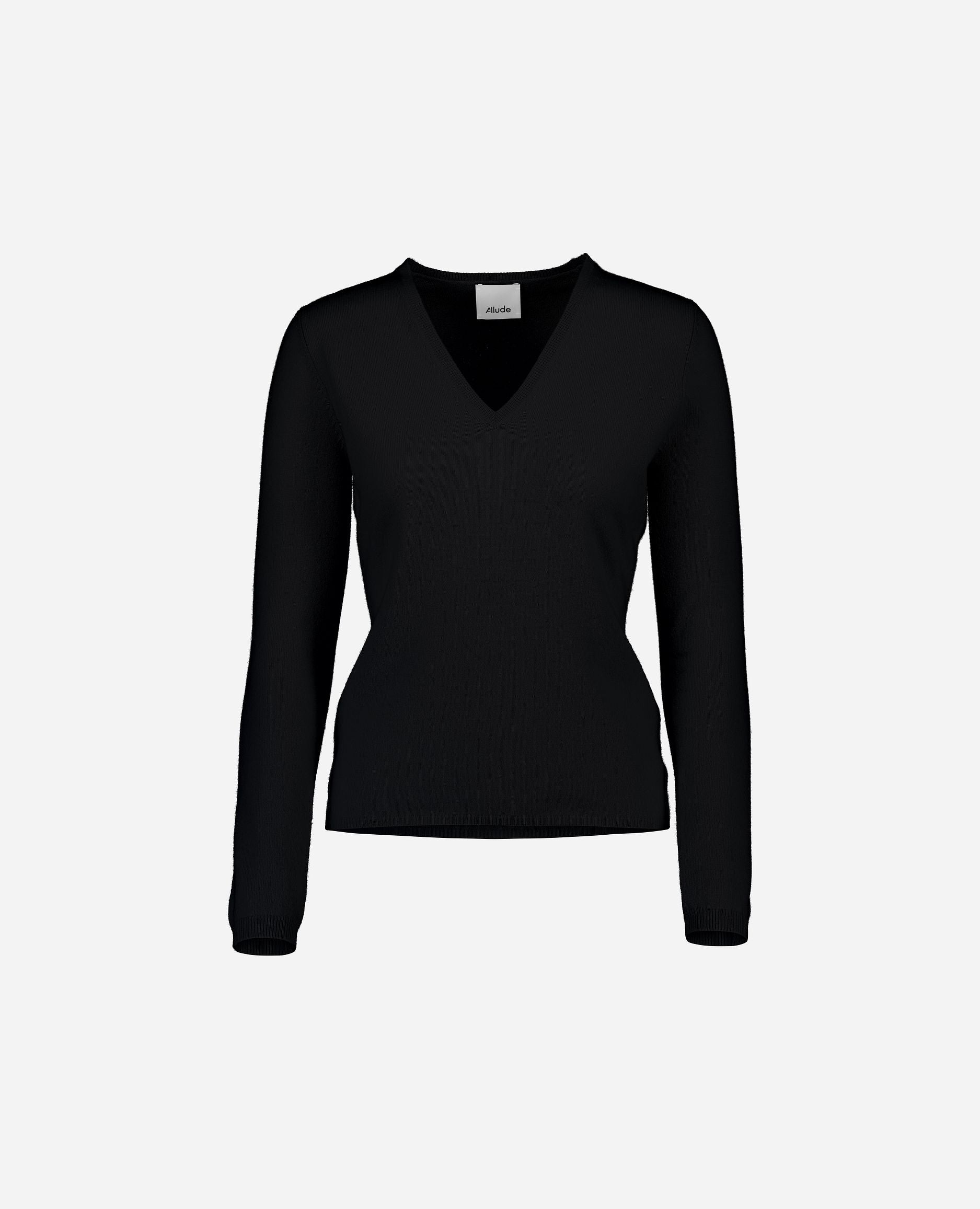 245-11100-90-S_hash_escaped_1 - Allude - 100% Cashmere Basic Cashmere Damen Feinstrick Langarm Pullover SAPG::245-11100 Schwarz Taillierter Schnitt V-Ausschnitt Winter 2024/2025