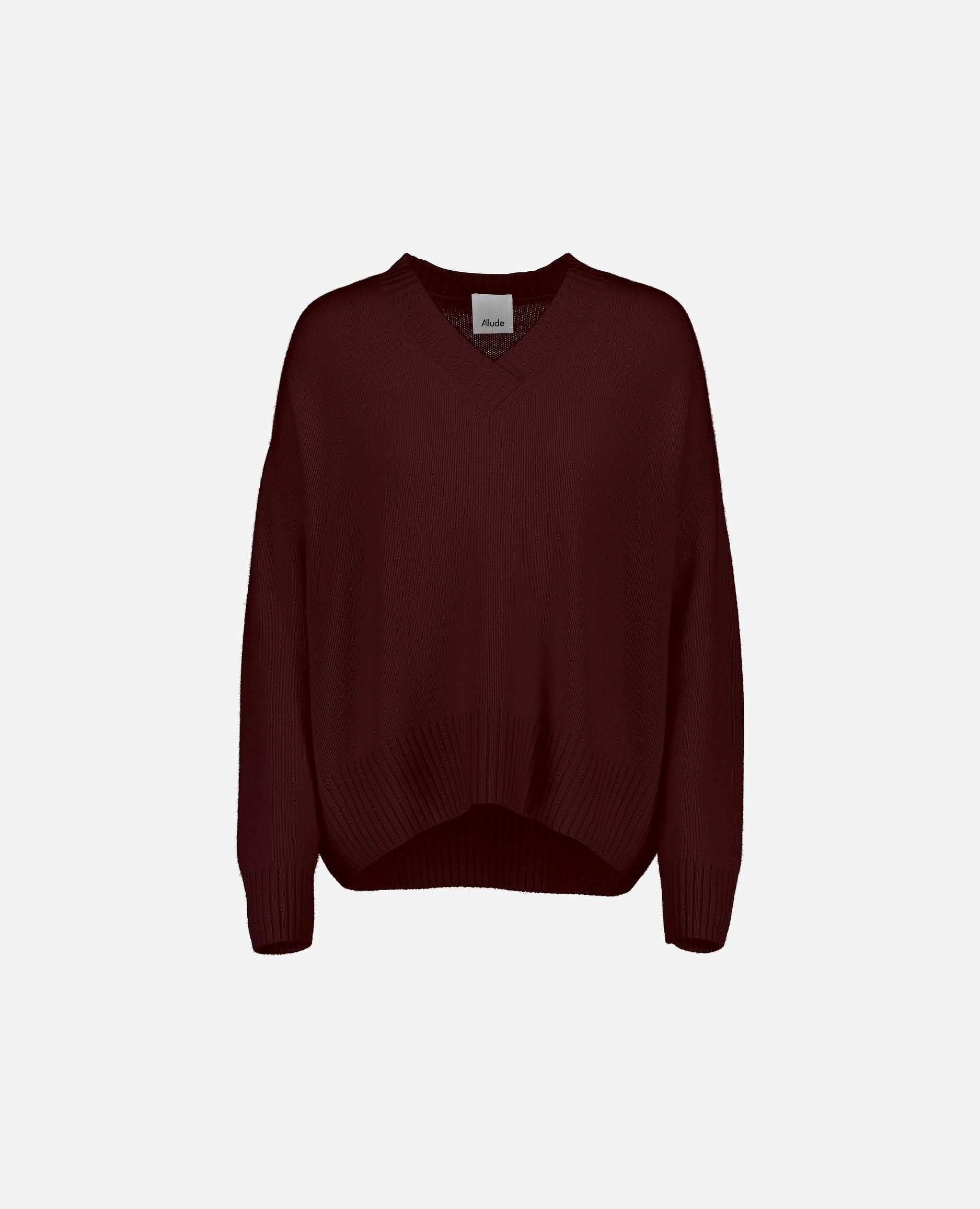 245-11155-69-S_hash_escaped_1 - Allude - 100% Cashmere Cashmere Damen Langarm Lockerer Schnitt mittelschwerer Strick Pullover Rot SAPG::245-11155 V-Ausschnitt Winter 2024/2025