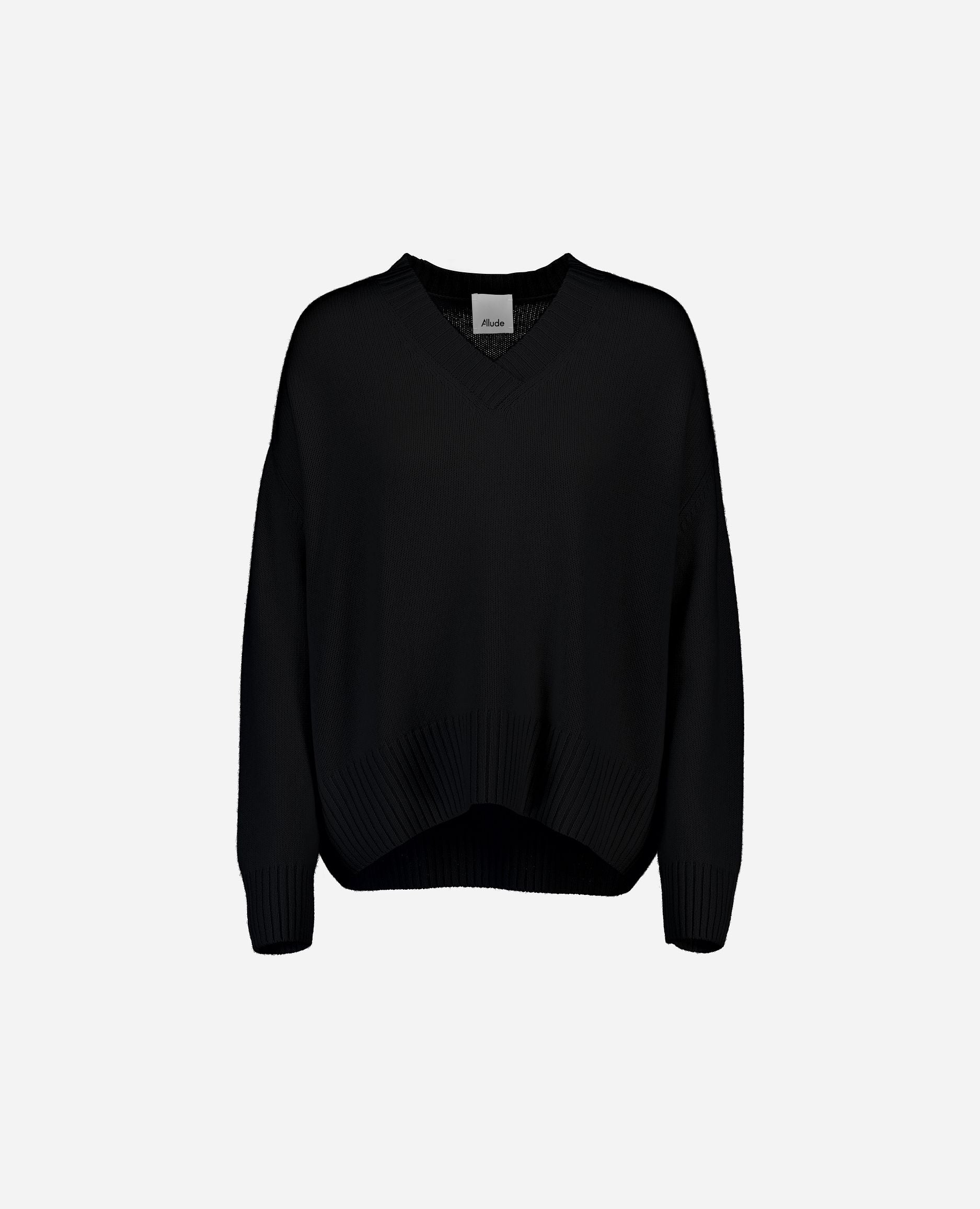 245-11155-90-S_hash_escaped_1 - Allude - 100% Cashmere Cashmere Damen Langarm Lockerer Schnitt mittelschwerer Strick Pullover SAPG::245-11155 Schwarz V-Ausschnitt Winter 2024/2025