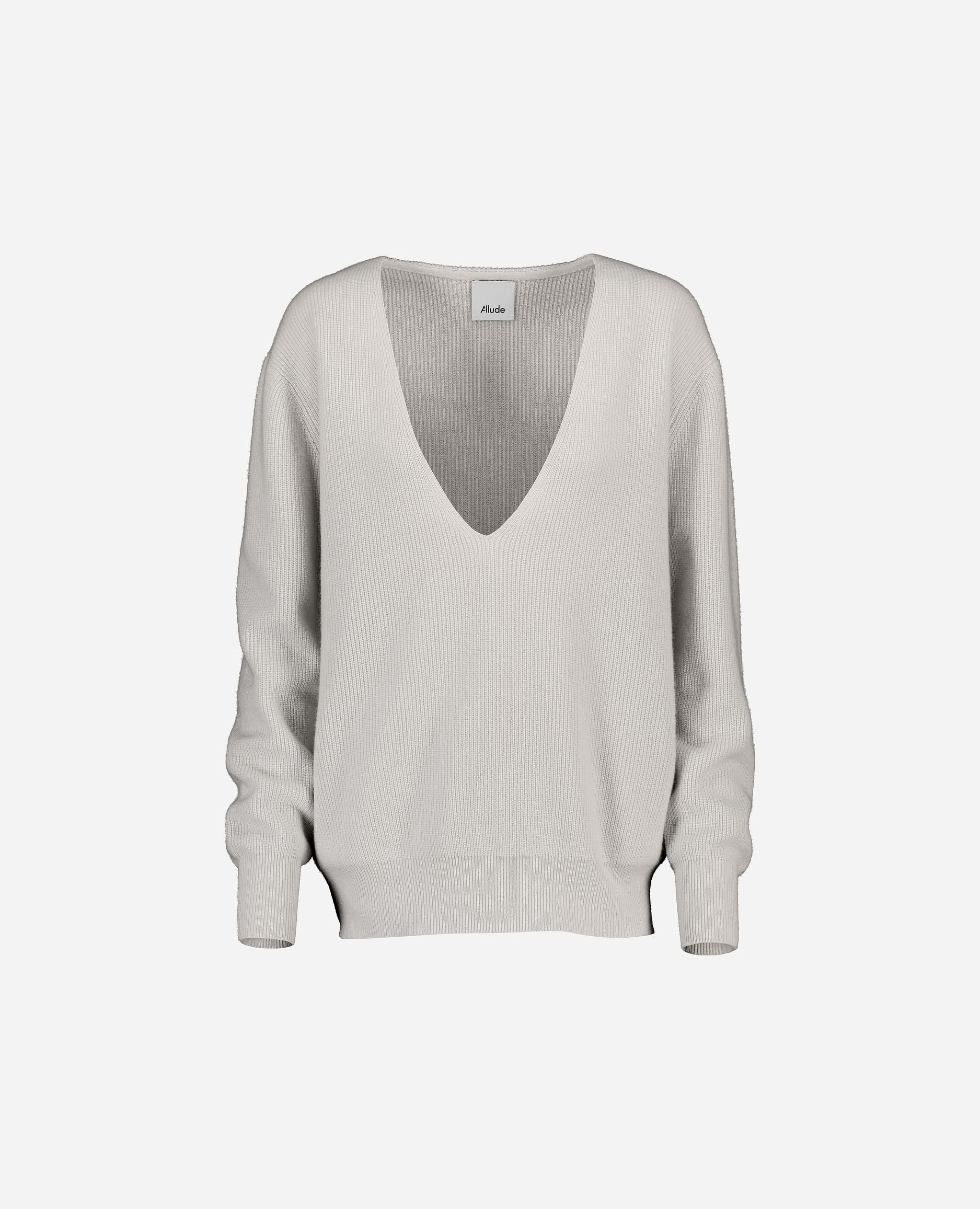 245-17071-80-S_hash_escaped_1 - Allude - 30% Cashmere 70% Wolle Damen Feinstrick Grau Langarm Lockerer Schnitt Pullover SAPG::245-17071 V-Ausschnitt Winter 2024/2025 Wolle