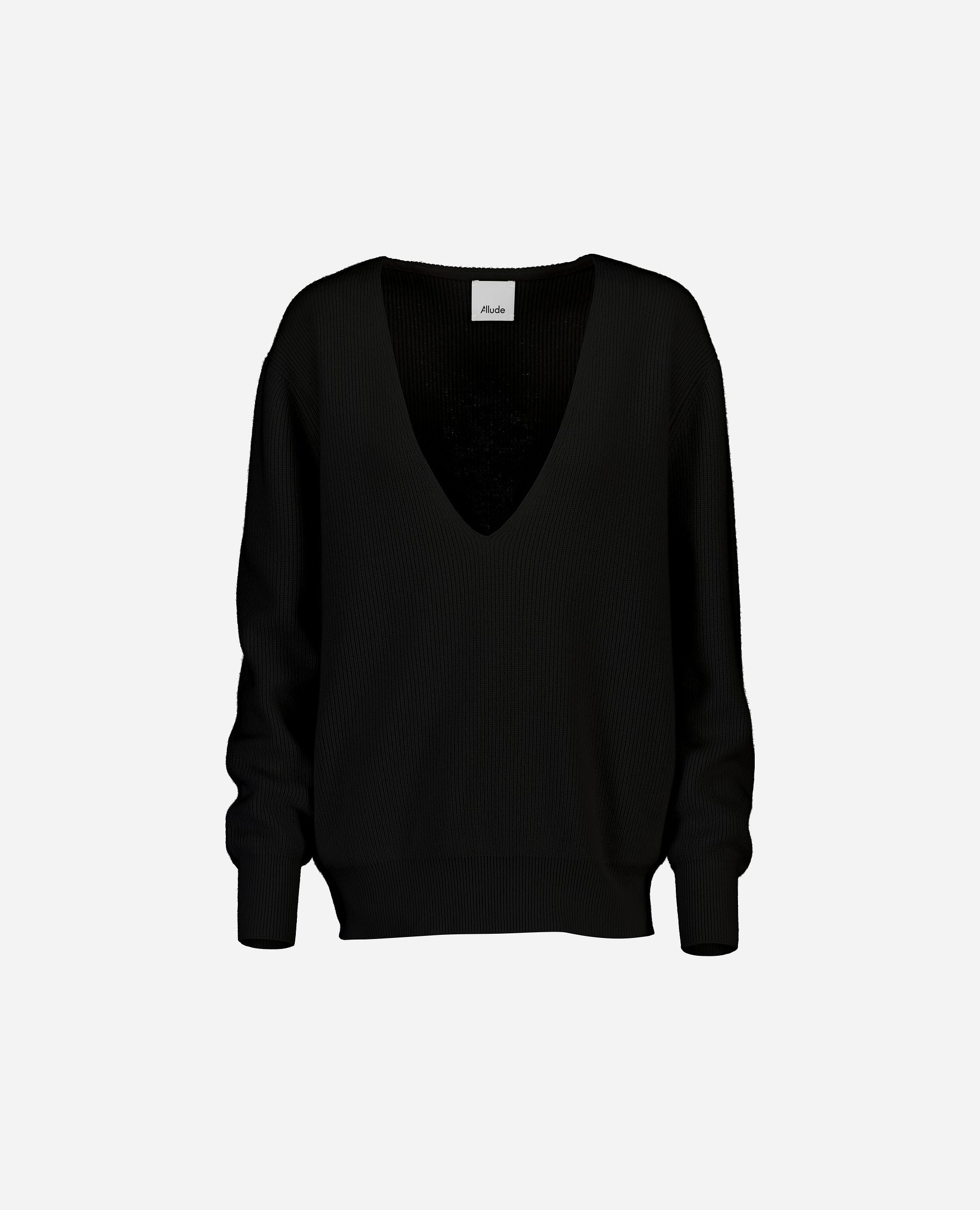 245-17071-90-S_hash_escaped_1 - Allude - 30% Cashmere 70% Wolle Damen Feinstrick Langarm Lockerer Schnitt Pullover SAPG::245-17071 Schwarz V-Ausschnitt Winter 2024/2025 Wolle