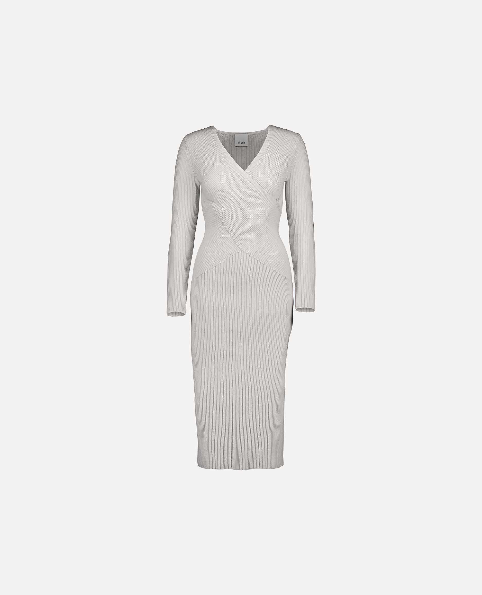 245-17665-80-S_hash_escaped_1 - Allude - 30% Cashmere 70% Wolle Damen Feinstrick Grau Kleid Langarm SAPG::245-17665 Taillierter Schnitt V-Ausschnitt Winter 2024/2025 Wolle