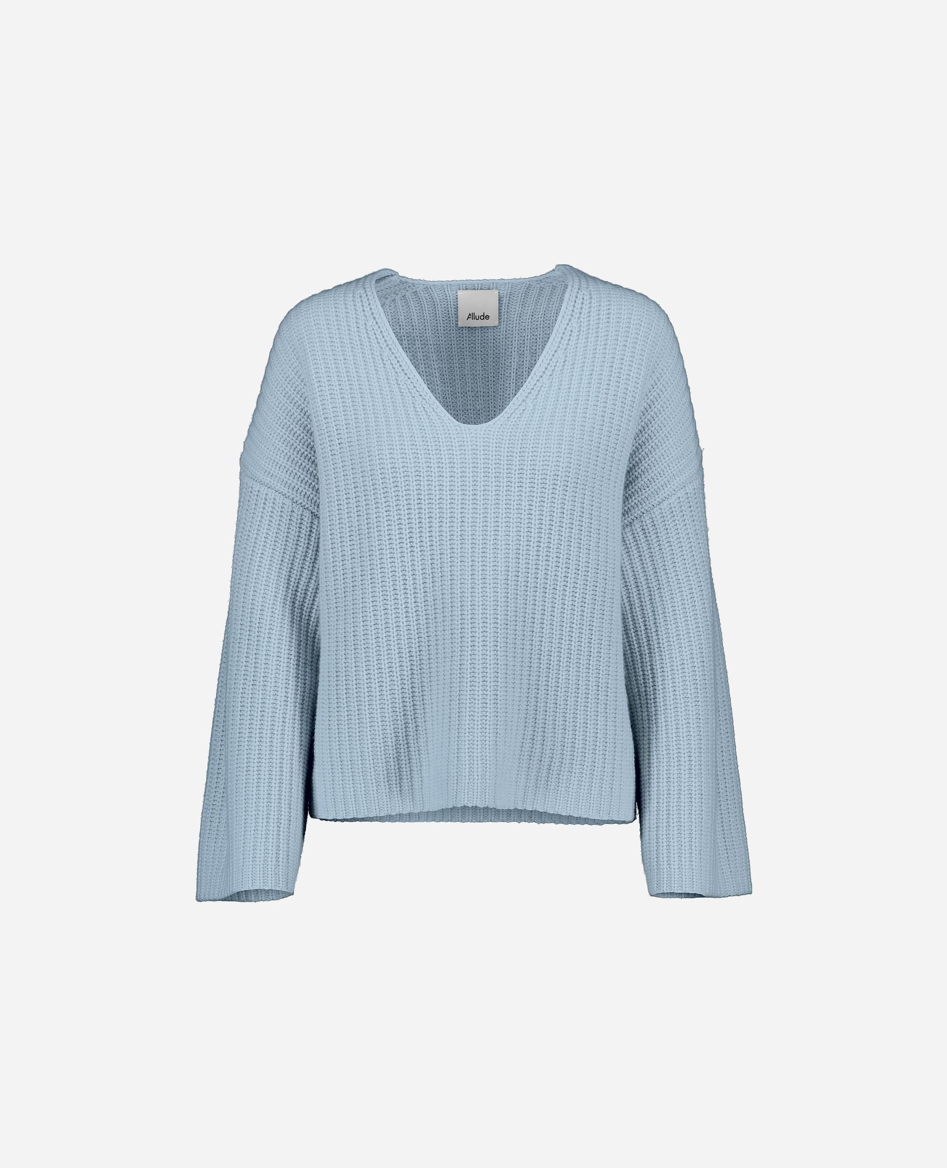 245-17781-11-S_hash_escaped_1 - Allude - 30% Cashmere 70% Wolle Blau Damen Grobstrick Langarm Lockerer Schnitt Pullover SAPG::245-17781 V-Ausschnitt Winter 2024/2025 Wolle