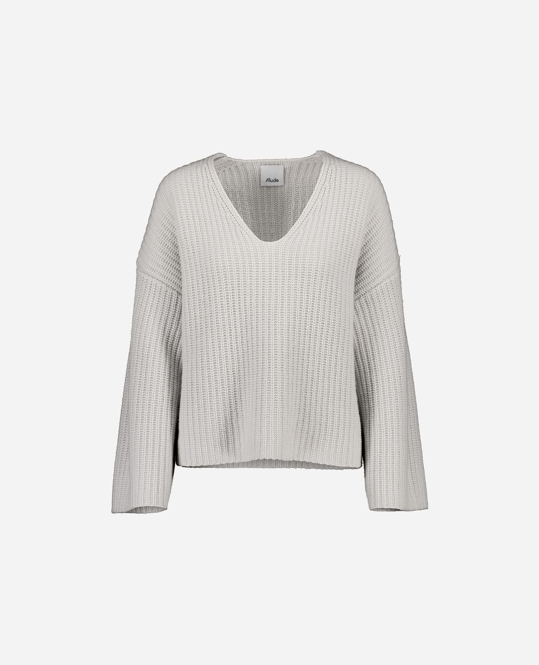 245-17781-80-S_hash_escaped_1 - Allude - 30% Cashmere 70% Wolle Damen Grau Grobstrick Langarm Lockerer Schnitt Pullover SAPG::245-17781 V-Ausschnitt Winter 2024/2025 Wolle