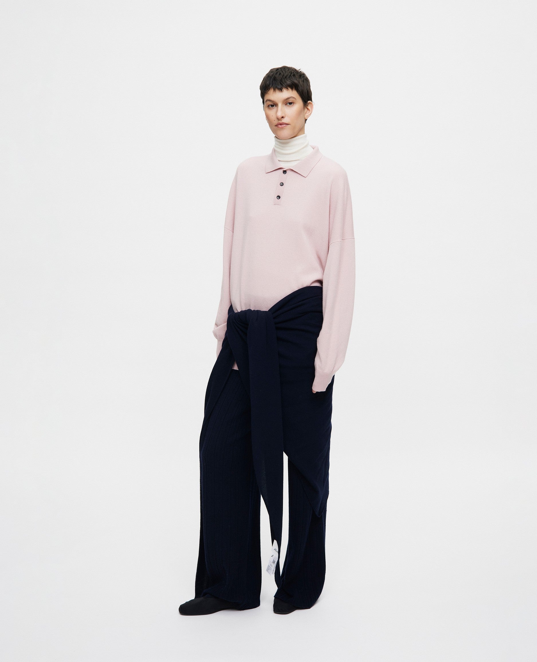 246-27011-61-27022-14-06-13164 - Allude - All Winter 2024/2025 Damen Flachstrick Langarm mittelschwerer Strick Polo Pullover Rose SAPG::246-27011 Woll-Mischung