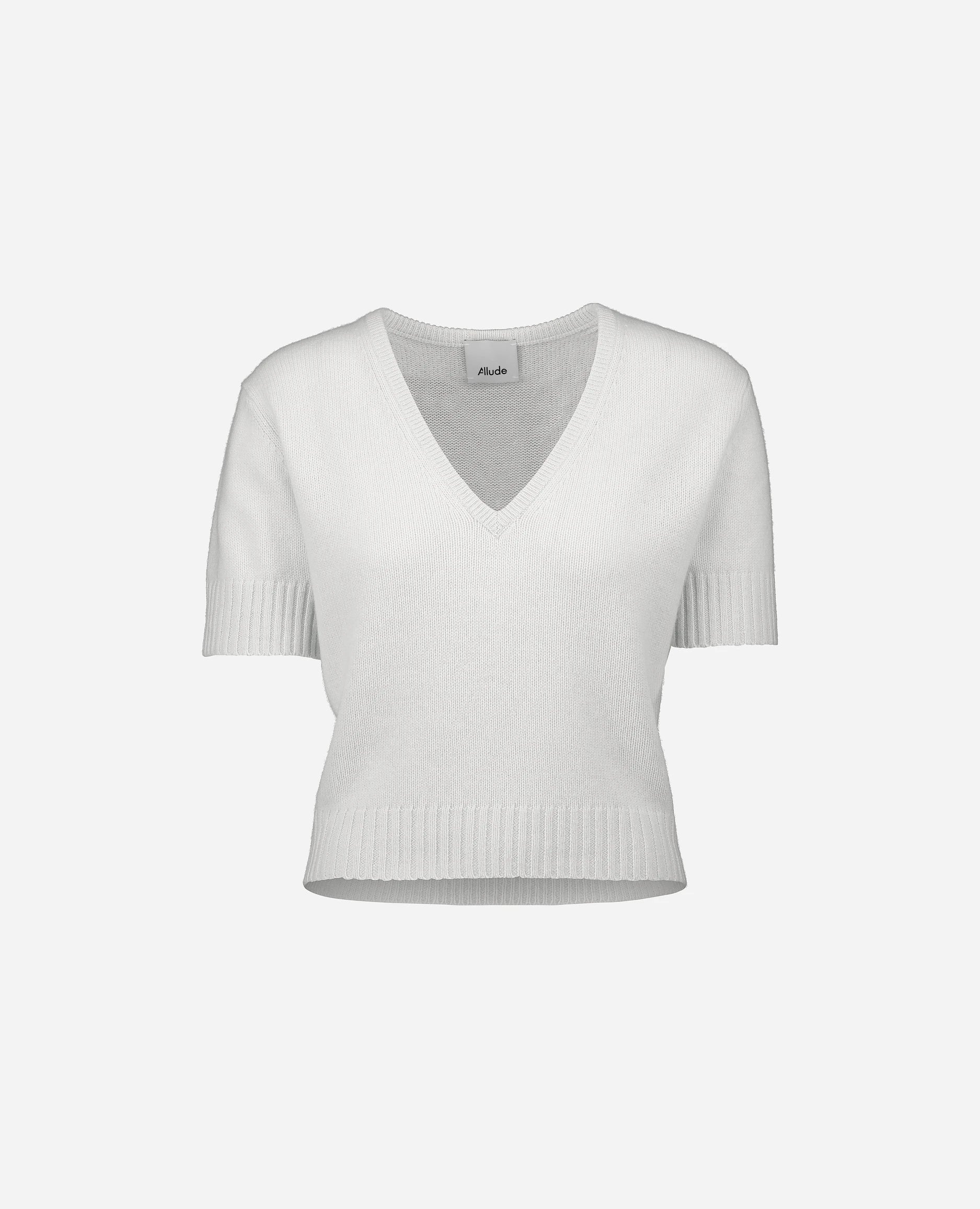 252-11211-40_3 - Allude - 100% Cashmere Cashmere Damen Gerade Passform Halbarm mittelschwerer Strick NEW Pullover SAPG::252-11211 Spring/Summer 2025 V-Ausschnitt Weiß