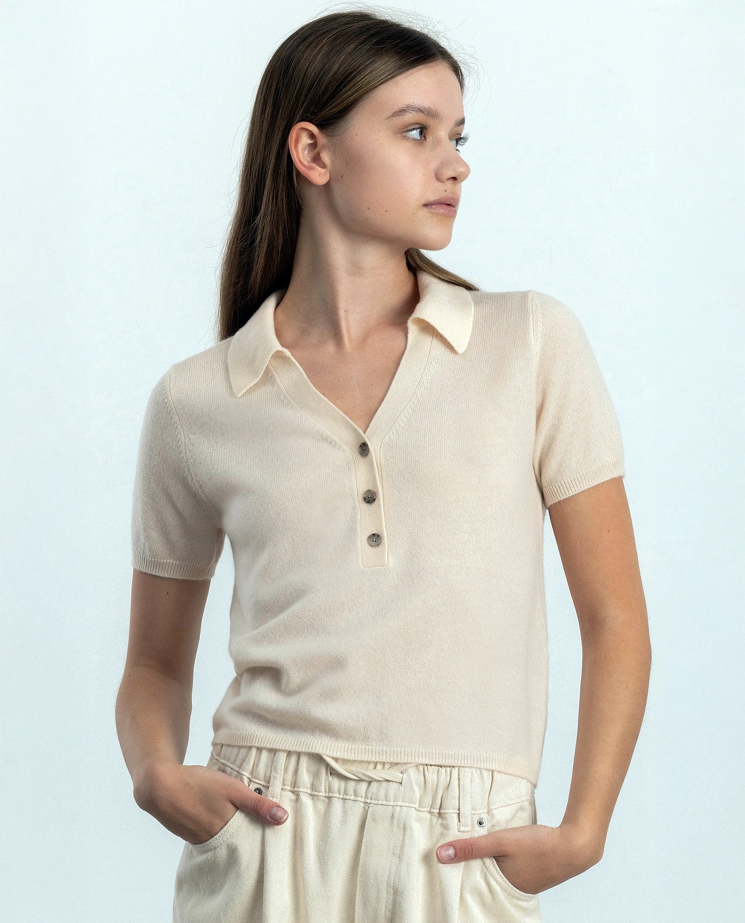 252-17004-41_20 - Allude - 1/4 Arm 30% Cashmere 70% Wolle Creme Damen Feinstrick Gerade Passform NEW Polo Pullover SAPG::252-17004 Spring/Summer 2025 Woll-Mischung