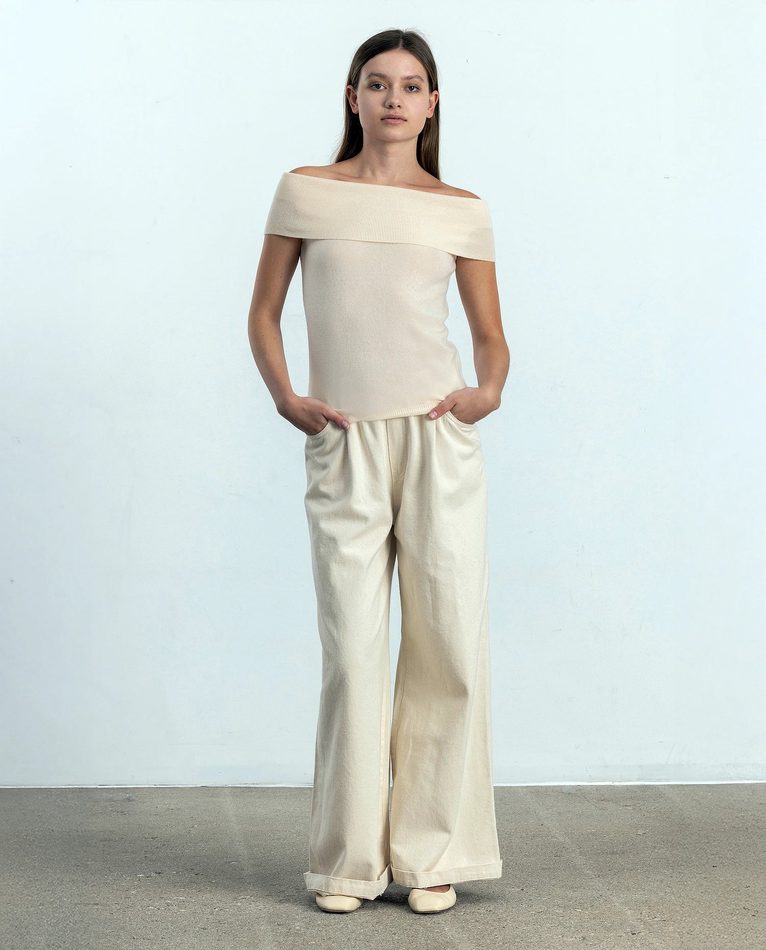 Wool Blend Top in Cream - Straight Fit