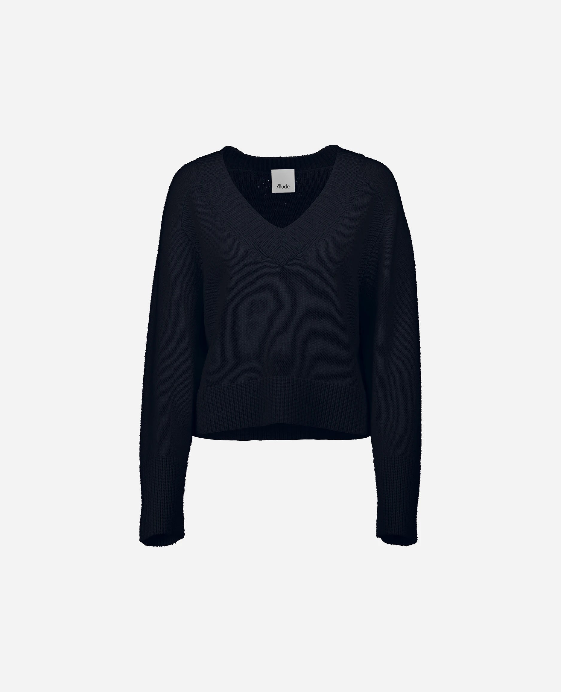 252-17033-14_3 - Allude - 30% Cashmere 70% Wolle Damen Grobstrick Kastiger Schnitt Langarm Navy Pullover SAPG::252-17033 Spring/Summer 2025 V-Ausschnitt Woll-Mischung