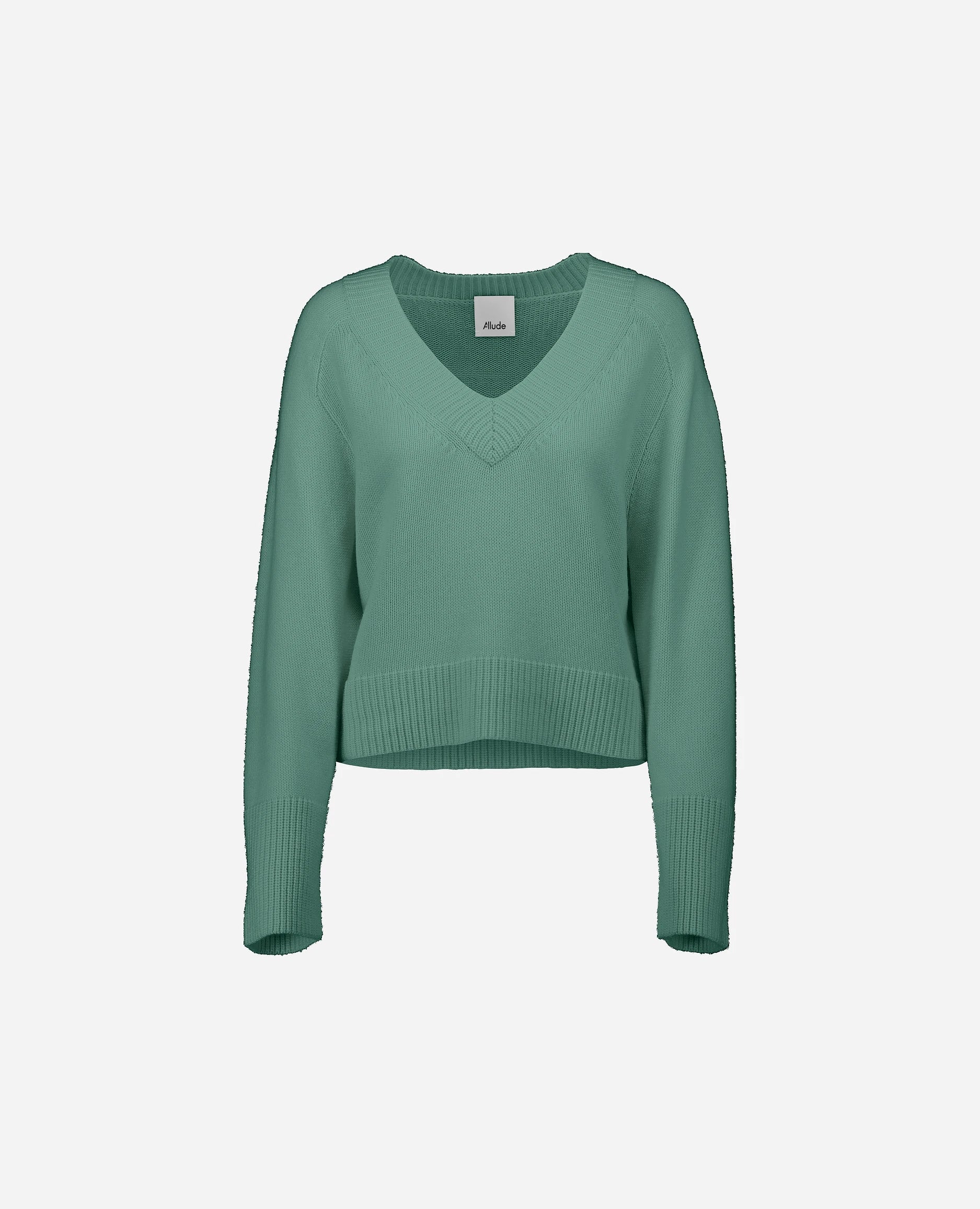 252-17033-32_3 - Allude - 30% Cashmere 70% Wolle Damen Grobstrick Grün Kastiger Schnitt Langarm Pullover SAPG::252-17033 Spring/Summer 2025 V-Ausschnitt Woll-Mischung