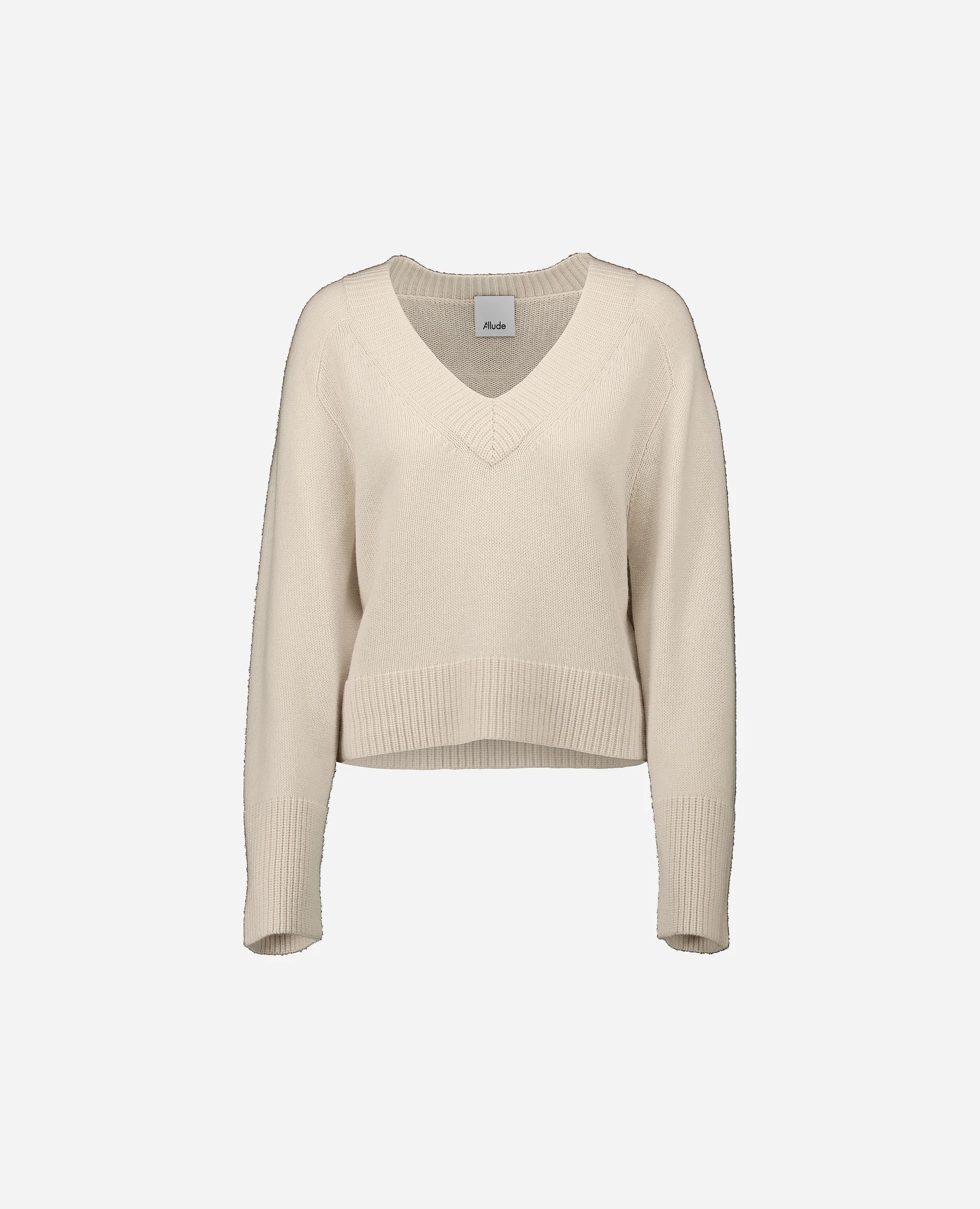 252-17033-41_3 - Allude - 30% Cashmere 70% Wolle Creme Damen Grobstrick Kastiger Schnitt Langarm Pullover SAPG::252-17033 Spring/Summer 2025 V-Ausschnitt Woll-Mischung