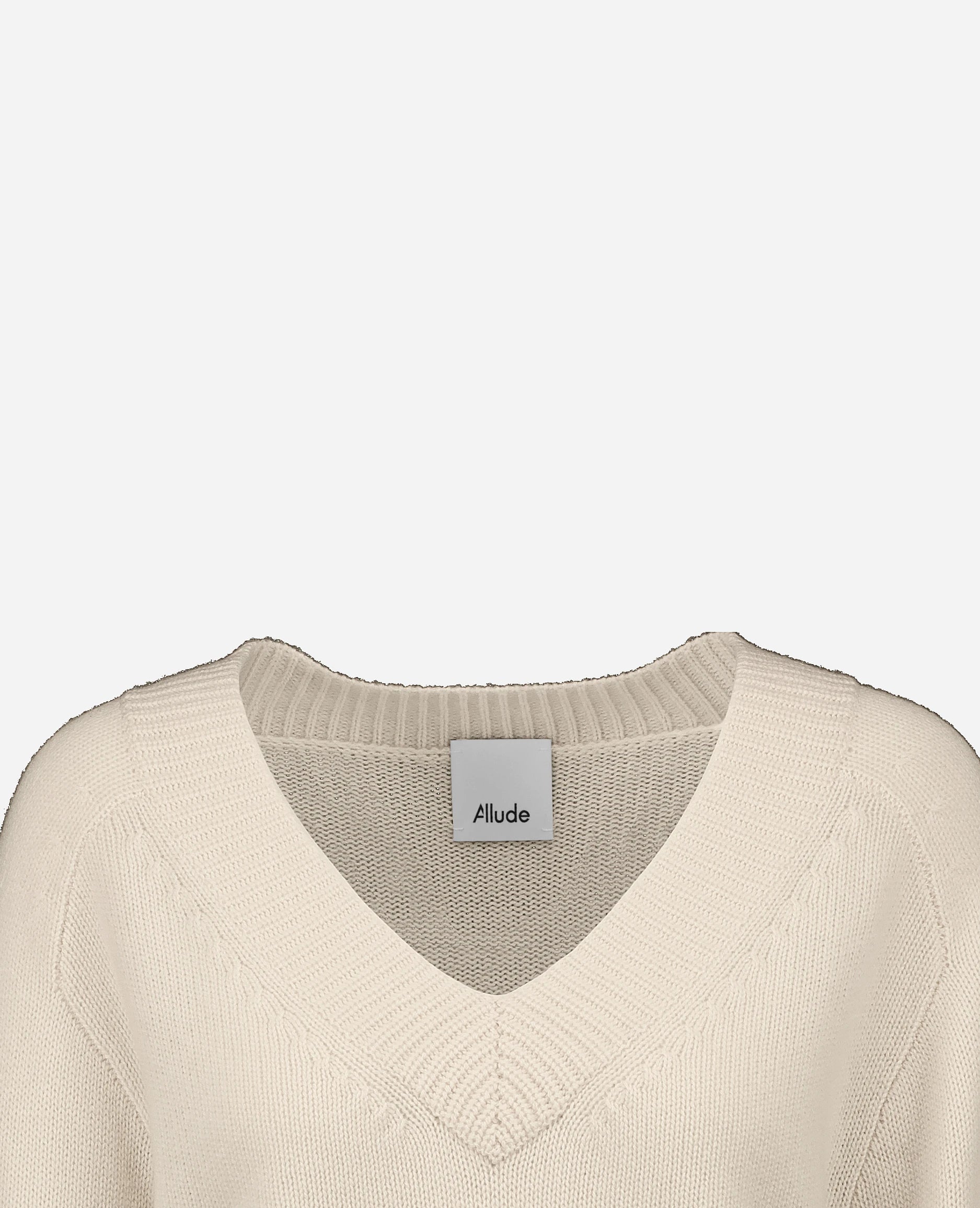 252-17033-41_40 - Allude - 30% Cashmere 70% Wolle Creme Damen Grobstrick Kastiger Schnitt Langarm Pullover SAPG::252-17033 Spring/Summer 2025 V-Ausschnitt Woll-Mischung