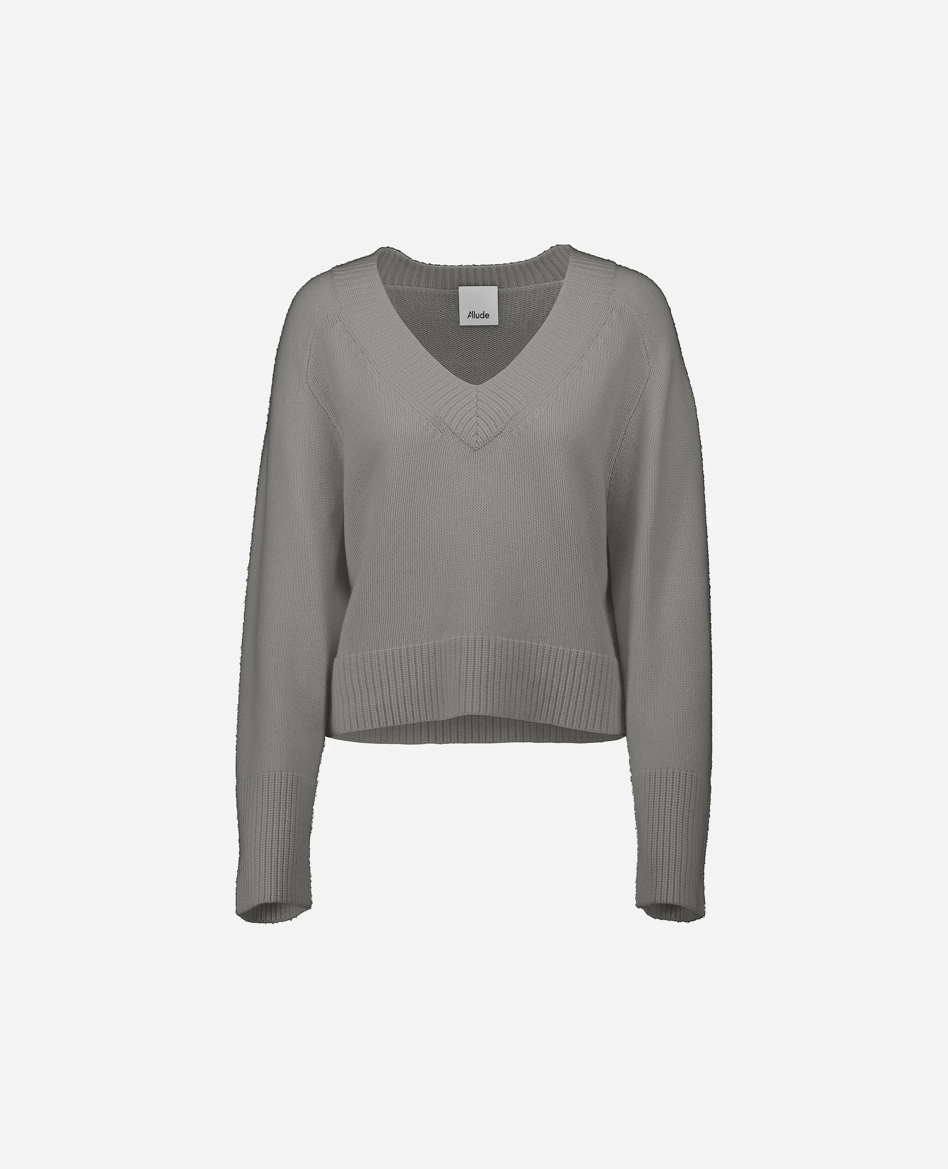 252-17033-82_3 - Allude - 30% Cashmere 70% Wolle Damen Grau Grobstrick Kastiger Schnitt Langarm Pullover SAPG::252-17033 Spring/Summer 2025 V-Ausschnitt Woll-Mischung