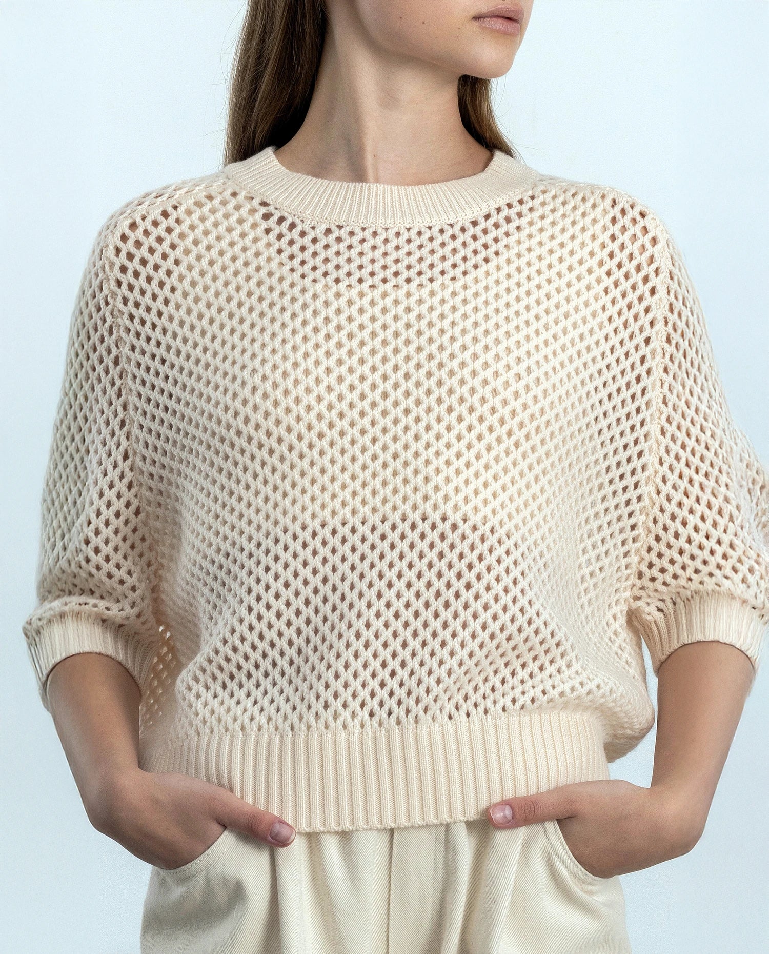 252-17652-41_20 - Allude - 30% Cashmere 70% Wolle Creme Damen Grobstrick Halbarm Kastiger Schnitt Pullover Rundhals SAPG::252-17652 Spring/Summer 2025 Woll-Mischung