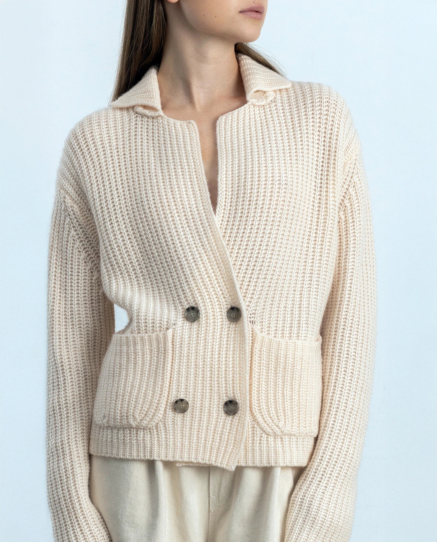 252-17670-41_20 - Allude - 30% Cashmere 70% Wolle Creme Damen Grobstrick Jacket Kastiger Schnitt Langarm SAPG::252-17670 Spring/Summer 2025 Woll-Mischung