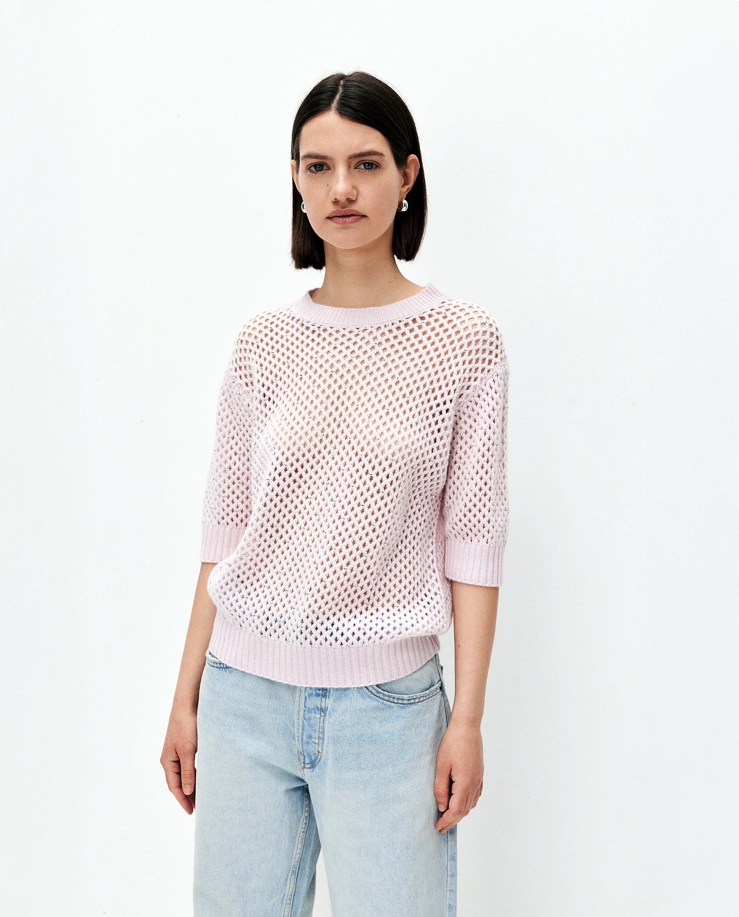 252-17691-60_1 - Allude - 30% Cashmere 70% Wolle Damen Grobstrick Halbarm Kastiger Schnitt Pullover Rose Rundhals SAPG::252-17691 Spring/Summer 2025 Woll-Mischung